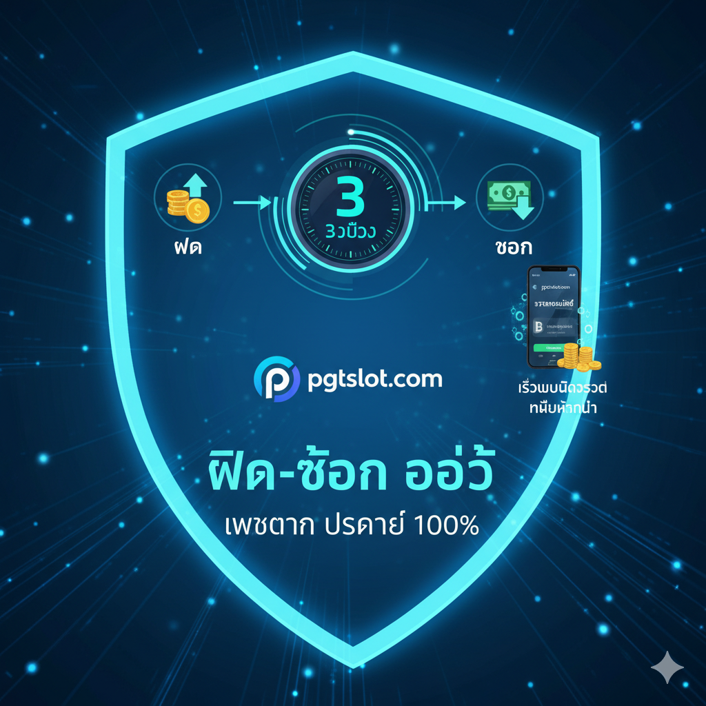 设计一张体现核心功能——ฝาก-ถอน ออโต้（自动存取款）的功能图。图片以速度感และ数字化为主题，使用蓝色和绿色的科技感冷色调。主体元素是一个高速运转的时钟或计时器（显示“3 วินาที”），旁边是手机支付界面（Transaction Complete/สำเร็จ）และ金钱符号（฿/Coins）。用简洁的流程图或箭头连接“ฝาก”และ“ถอน”图标，中间是เว็บตรง (pgtslot.com) 的Logo，突出“เร็วแบบติดจรวด”และ“ไม่มีขั้นต่ำ”的优势，强调系统操作的安全与便捷。