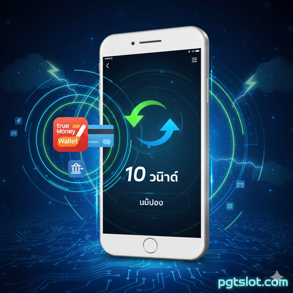 ภาพแสดงฟังก์ชันระบบอัตโนมัติ (Auto) สำหรับการฝาก-ถอน เน้นหน้าจอโทรศัพท์มือถือที่แสดงการทำธุรกรรมภายใน 10 วินาที พร้อมโลโก้ True Money Wallet, โทนสีเขียว/น้ำเงิน
