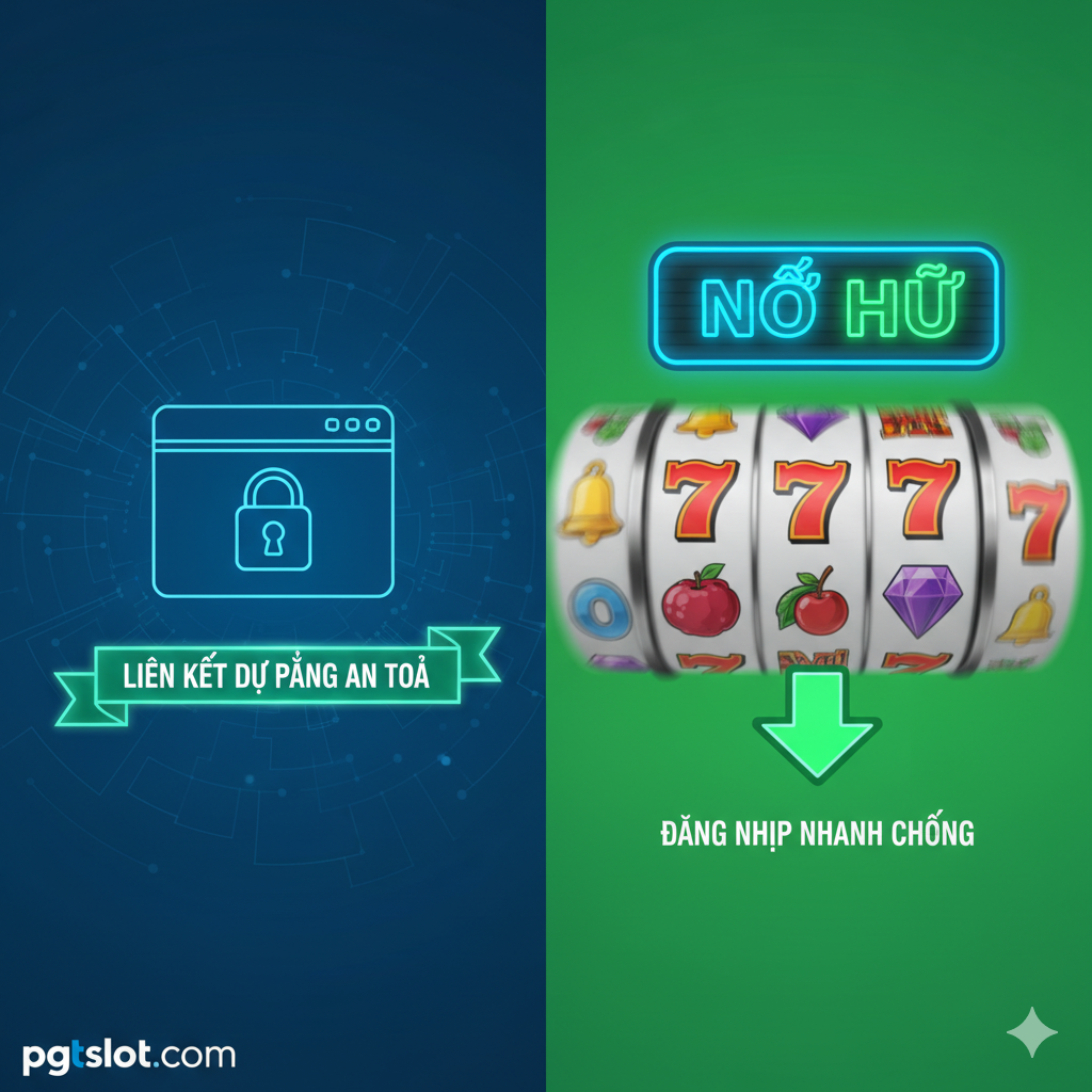 一张关于“功能/服务”的图。主要展示安全链接、登录和'Gacor'概念。画面应分为左右两部分，左侧是一个上锁的浏览器窗口图标，上面写着'Link Alternatif'，暗示安全和防屏蔽；右侧是一个正在快速转动的老虎机卷轴，上方有一个霓虹灯牌写着'GACOR'，并有一个箭头向下指着卷轴，象征高爆率。整体色彩使用科技蓝和亮绿色，传递现代、快速和值得信赖的服务感。