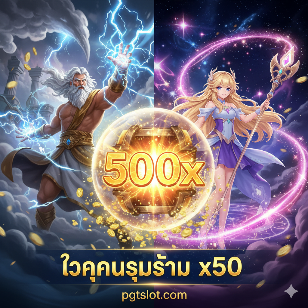 展示“ตัวคูณ 500 (Multiplier x500)”核心功能的图片。画面应并列展示《Gates of Olympus》（宙斯，闪电/雷云）和《Starlight Princess》（公主，星光/魔法杖）的关键元素。在两者之间放置一个巨大的、透明的玻璃球หรือ宝箱，其中有一个醒目的“500x”数字在发光。色彩鲜明，强调游戏的“High Volatility”和高爆发潜力。下方可以有小字泰语“ตัวคูณสูงสุด x500”作为功能说明，突出这是PGTSLOT的主打游戏。