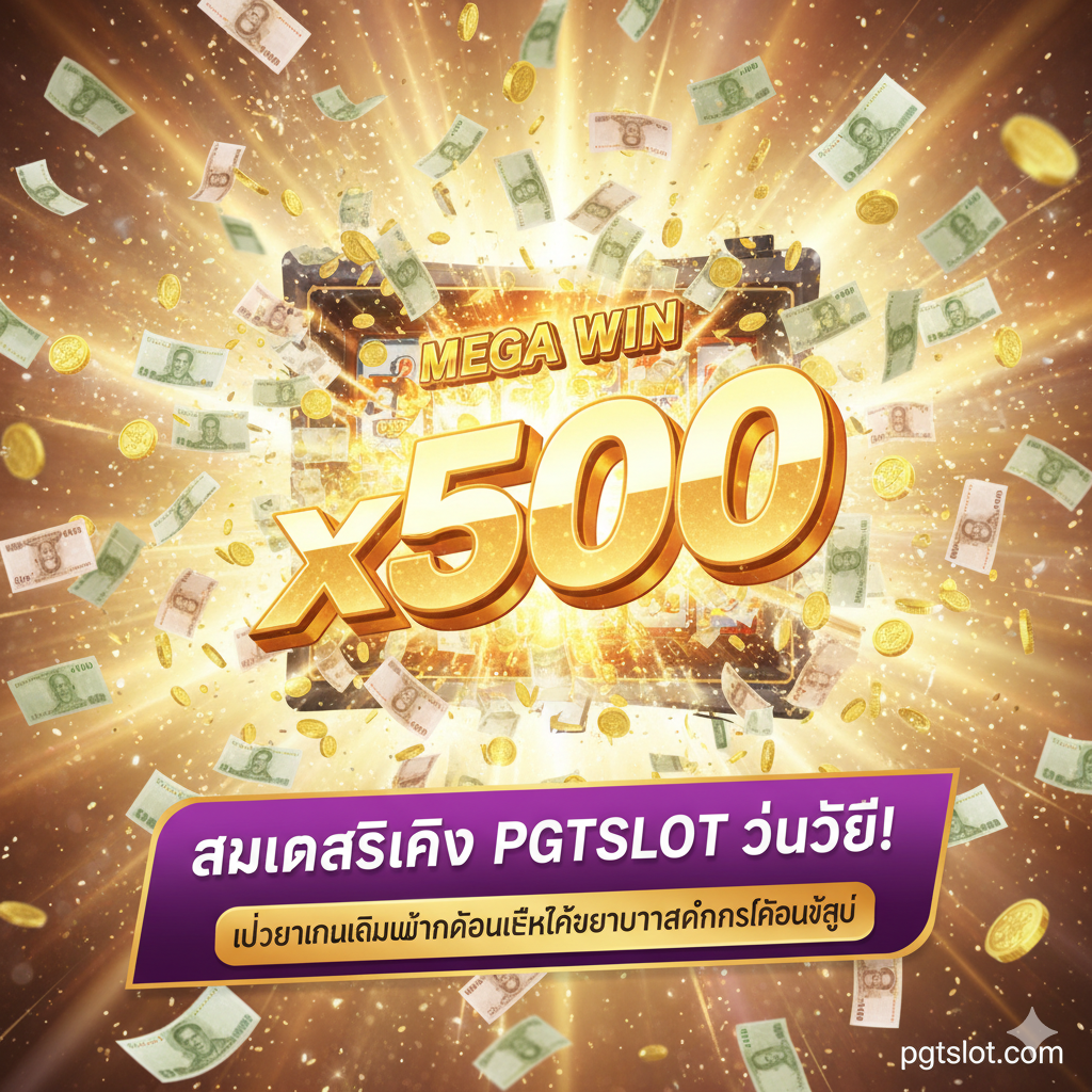 总结和行动号召（Call-to-Action）图片。画面主体是一个正在爆炸性爆发的Mega Win场景，大量的泰铢钞票或金色硬币从老虎机屏幕中喷涌而出，同时伴随着巨大的“x500”文字。前景放置一个醒目的“สมัครสมาชิก PGTSLOT วันนี้!”（立即注册PGTSLOT！）按钮或横幅，颜色鲜艳，对比强烈。背景光线明亮，营造出胜利、激动人心、ความรู้สึกของ“เปลี่ยนเงินเดิมพันก้อนเล็กให้กลายเป็นกำไรก้อนใหญ่”的即时诱惑。