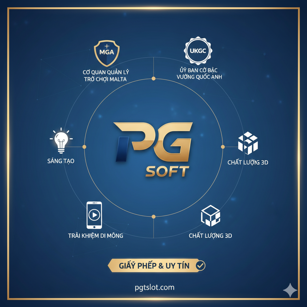 Hình ảnh đại diện cho uy tín và chất lượng của nhà cung cấp PG Soft. Một logo lớn, hiện đại của PG Soft ở trung tâm. Xung quanh logo là các biểu tượng uy tín như logo của MGA (Malta Gaming Authority) và UKGC (UK Gambling Commission), cùng với các biểu tượng về chất lượng 3D, sự sáng tạo (biểu tượng bóng đèn) và trải nghiệm di động. Màu sắc chuyên nghiệp (xanh đậm, trắng, vàng đồng), tạo cảm giác tin cậy và minh bạch. Bố cục nên được sắp xếp gọn gàng để truyền tải thông điệp về một nhà cung cấp game được cấp phép và đáng tin cậy.