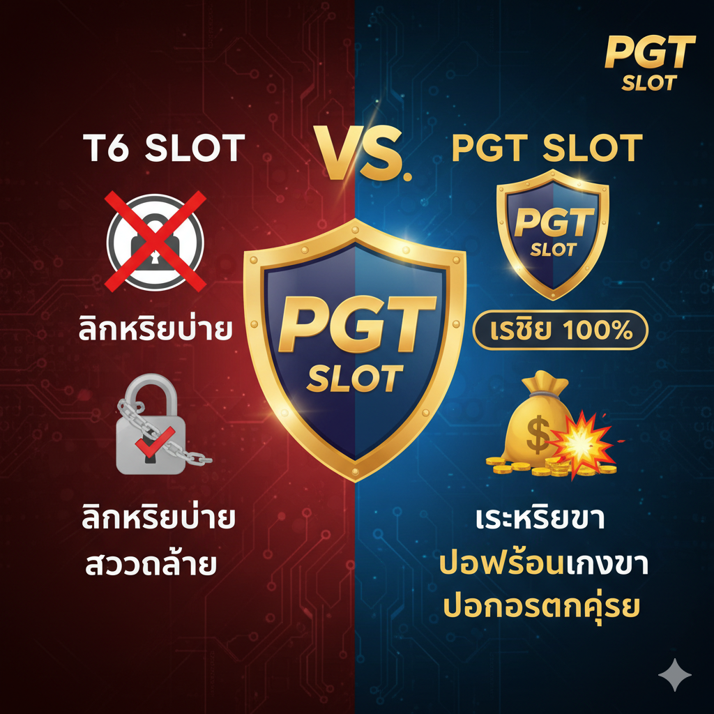 ภาพเปรียบเทียบที่เน้นข้อดีของ PGT Slot เหนือ T6 Slot ใช้รูปแบบแผนภาพ 'VS' (Versus) หรือ 'T-Chart' แสดงสองฝั่งที่แตกต่างกัน ฝั่ง T6 Slot: ใช้โทนสีแดงหรือสีเทา มีภาพสัญลักษณ์ 'ลิงก์เสีย' หรือ 'ถูกบล็อก' (Blocked Sign) ฝั่ง PGT Slot: ใช้โทนสีน้ำเงินหรือสีทอง มีภาพสัญลักษณ์ 'เสถียร 100%' และ 'โบนัสแรงกว่า' (Large Money Bag and Gold Coins) ภาพควรมีองค์ประกอบการแข่งขัน เช่น โล่ป้องกันที่มีโลโก้ PGT Slot ป้องกันปัญหาลิงก์เสียของ T6 Slot เน้นคำหลัก "เสถียรกว่า" "โปรโมชั่นแรงกว่า" และ "โบนัสแตกง่าย"