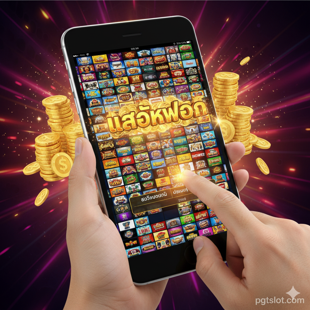 功能特性图,专注于展示PGT Slot作为在线娱乐平台的优势。核心元素是一个移动设备(智能手机或平板)的逼真模型,屏幕上清晰展示着超过200款热门在线老虎机游戏的缩略图图标,形成一个丰富的游戏库矩阵。突出显示'Jackpots'字样和闪烁的巨大金币堆,强调高额奖金。构图应充满活力和现代感,使用在线赌场常见的金色、红色和紫色灯光效果,传达'Populaire Slots'和'Gebruiksgemak'的特征,鼓励用户立即尝试游戏而非寻找锁匠。