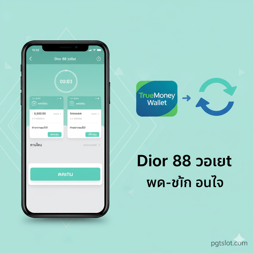 ภาพเน้นคุณสมบัติหลักคือระบบการเงิน 'Dior 88 วอเลท' (Wallet) และ 'ฝาก-ถอน ออโต้' (Auto Deposit/Withdrawal) ภาพควรแบ่งออกเป็นสองส่วน: ส่วนแรกแสดงหน้าจอโทรศัพท์มือถือที่กำลังทำรายการฝาก-ถอนเงินอย่างรวดเร็ว (มีนาฬิกานับถอยหลัง 3 วินาที) ส่วนที่สองแสดงสัญลักษณ์ของ TrueMoney Wallet และสัญลักษณ์การทำธุรกรรมแบบไร้รอยต่อ (Seamless Transaction) ใช้โทนสีฟ้า/เขียวมินท์ที่สื่อถึงเทคโนโลยีและความรวดเร็ว จัดวางให้เห็นภาพรวมของความสะดวกสบายในการเล่นสล็อต.