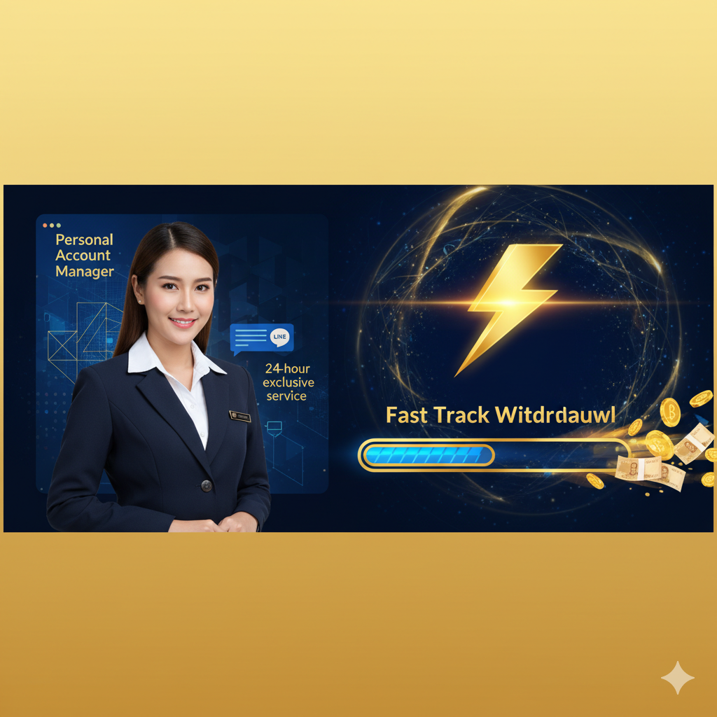 展示核心功能“个人客户经理”和“快速提款”。图片构图应分为左右两部分或上下两个区块。左侧展示一位穿着考究、面带微笑的专业客服代表（Personal Account Manager），背景是抽象的数字界面或LINE聊天框，象征24小时专属服务。右侧展示一个快速运行的“Fast Track Withdrawal”进度条或一个金色的闪电符号，旁边是一叠快速滚动的钞票或金币图标，象征交易速度。色彩以蓝色和金色为主，强调服务的速度和尊贵。