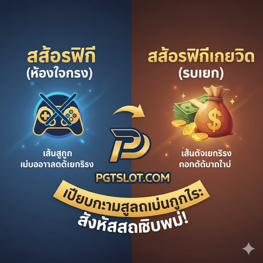 ภาพเน้นความแตกต่างระหว่าง 'สล็อตฟรี (Demo)' กับ 'สล็อตฟรีเครดิต (Free Credit)' เพื่อแสดงข้อได้เปรียบของการเป็นสมาชิก PGTSLOT.COM จัดวางเป็นภาพคู่ (Split Image) ด้านซ้ายเป็นไอคอนรูปจอยสติ๊กหรือเหรียญเสมือนจริง (Demo) ในสีเย็น (Cool Tone) และด้านขวาเป็นไอคอนรูปธนบัตรหรือถุงเงิน (Free Credit) ในสีร้อน (Warm Tone) ที่ดูน่าดึงดูดกว่า พร้อมโลโก้ PGTSLOT.COM ตรงกลางเพื่อเป็นสะพานเชื่อม ภาพนี้สื่อถึงโอกาสในการ 'เปลี่ยนความสนุกเป็นกำไร' สำหรับสมาชิกใหม่