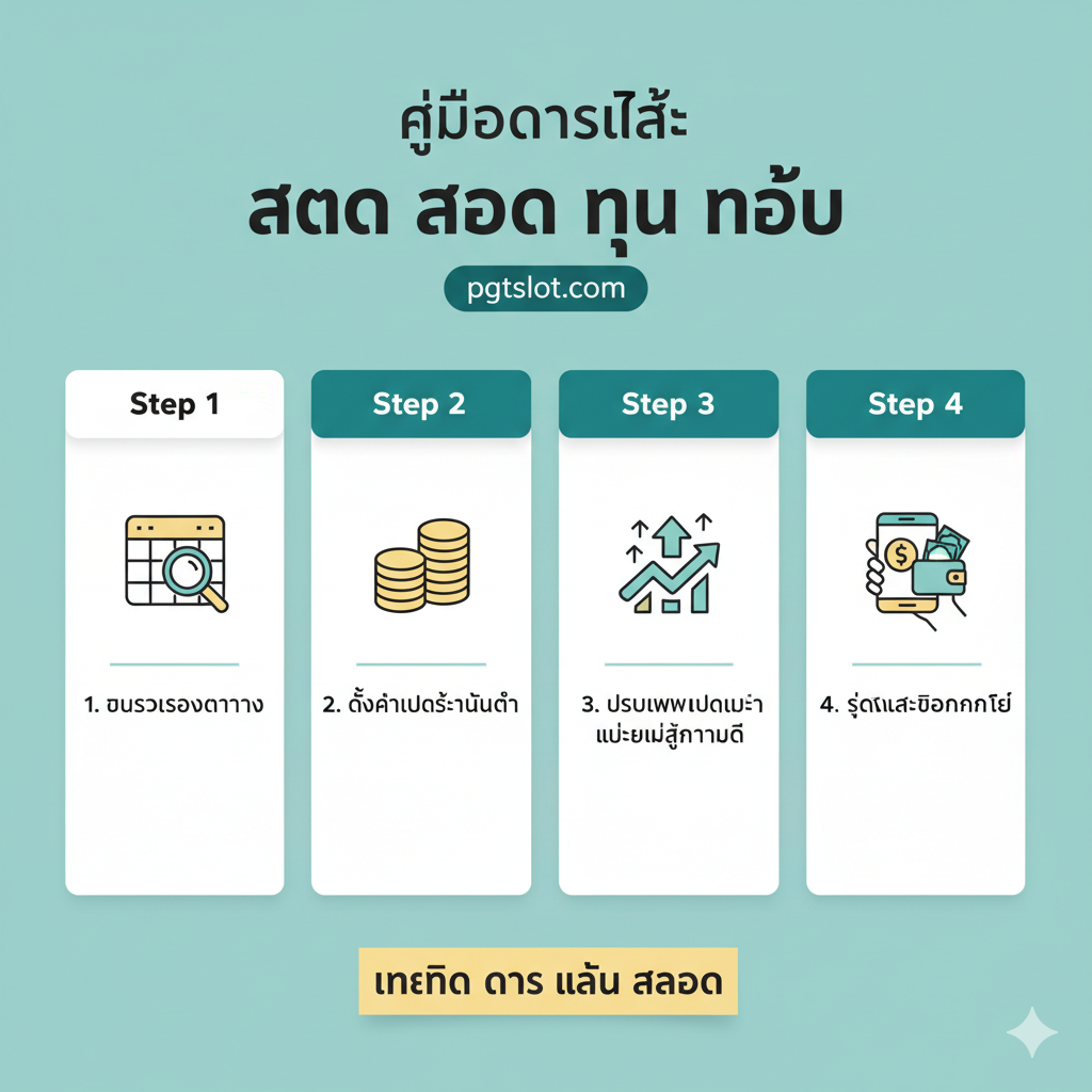 ภาพแนว Infographic สำหรับ 'คู่มือการใช้ สตร สล อต ทุน น้อย' (Low Capital Strategy Guide). แสดงขั้นตอนการเล่น 4 ขั้นตอนอย่างชัดเจน: 1. ตรวจสอบตาราง (Check the table) ด้วยไอคอนแว่นขยาย, 2. ตั้งค่าเบทเริ่มต้นต่ำ (Set low bet) ด้วยไอคอนเหรียญขนาดเล็ก, 3. ปรับเพิ่มเบทเมื่อมีสัญญาณดี (Increase bet) ด้วยลูกศรขึ้น, 4. หยุดและถอนกำไร (Stop and withdraw) ด้วยภาพมือถือกระเป๋าสตางค์ที่มีเงินเพิ่มขึ้น. เน้นการจัดวางที่เรียบง่ายแต่เป็นระบบ เพื่อให้ผู้เล่นเข้าใจ 'เทคนิค การ เล่น สล อต' ได้ทันที.