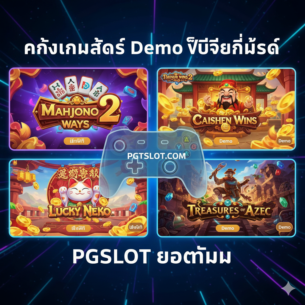 ภาพฟีเจอร์ที่เน้น 'คลังเกมสล็อต Demo ฟรีที่ดีที่สุด' และ 'PGSLOT ยอดนิยม' ออกแบบเป็นรูปแบบคอลลาจหรือแกลเลอรี แสดงไอคอนที่สวยงามหรือภาพหน้าจอขนาดเล็กของเกม PGSLOT ยอดนิยมสี่เกม (Mahjong Ways 2, Caishen Wins, Lucky Neko, Treasures of Aztec) เน้นคุณภาพกราฟิกสูงและธีมที่น่าสนใจ แต่ละไอคอนเกมมีป้าย 'เล่นฟรี' หรือ 'Demo' เล็กๆ กำกับอยู่ มีส่วนควบคุมเกมเสมือนจริงหรืออินเทอร์เฟซมือถือที่มีโลโก้ 'PGTSLOT.COM' อยู่ตรงกลาง เน้นการเข้าถึงได้ง่ายและเล่นได้ทุกที่