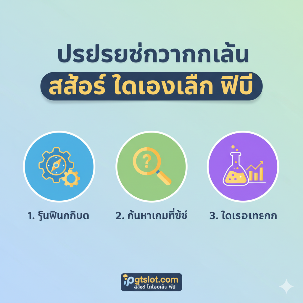 ภาพอินโฟกราฟิกที่เน้น 'ประโยชน์ของการเล่น สล็อต ทดลองเล่น ฟรี' แสดงประโยชน์หลักสามข้อ: 1. ฝึกฝนกติกา (ด้วยไอคอนรูปเฟืองหรือเข็มทิศ) 2. ค้นหาเกมที่ใช่ (ด้วยไอคอนรูปแว่นขยาย) 3. ทดสอบเทคนิค (ด้วยไอคอนรูปบีกเกอร์หรือแผนภูมิสถิติ) การออกแบบใช้พื้นหลังที่สะอาดตาด้วยสีฟ้าอ่อนหรือสีเขียว เน้นแนวคิดของการเรียนรู้และการพัฒนา ไอคอนทั้งสามวางเรียงกันพร้อมคำบรรยายสั้นๆ เป็นภาษาไทย ด้านบนมีข้อความ 'Gratuite Slots' เพื่อเน้นการสื่อสารข้อมูลอย่างตรงไปตรงมา