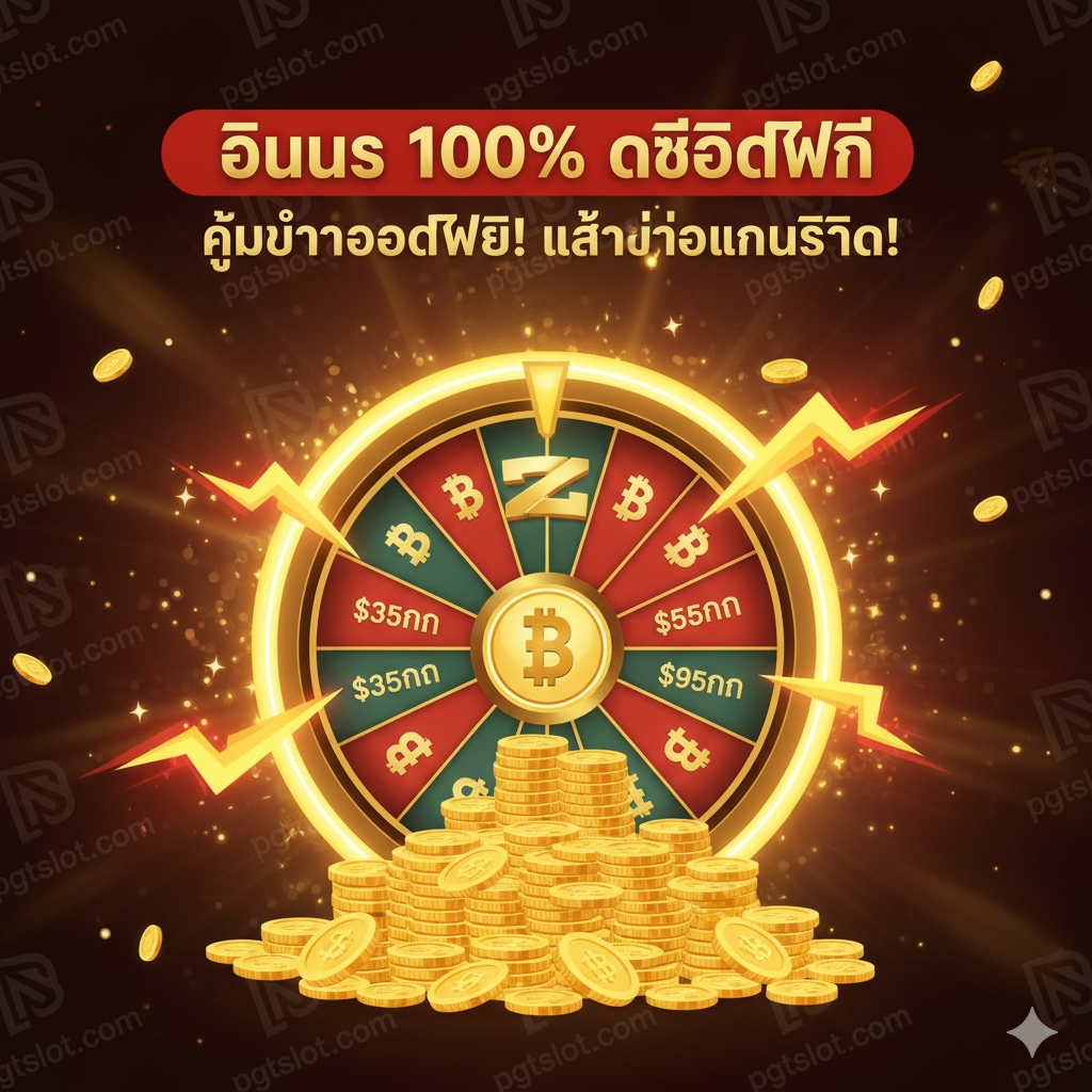 ภาพเน้นข้อได้เปรียบของการเล่นที่ pgtslot.com โดยเฉพาะเรื่อง 'โบนัสและเงินจริง' ภาพแสดงรูปวงล้อโบนัสขนาดใหญ่ที่มีรางวัลเป็นเงินสดจริง (สัญลักษณ์เงินบาท) และคำว่า 'โบนัส 100%' หรือ 'เครดิตฟรี' อย่างโดดเด่น มีกองเงินหรือเหรียญทองวางอยู่ด้านหน้าวงล้อ ในฉากหลังมีการใช้โลโก้ pgtslot.com แบบจางๆ หรือองค์ประกอบกราฟิกที่เกี่ยวข้องกับเว็บไซต์ โทนสีทองและแดงเพื่อสื่อถึงความมั่งคั่งและความน่าตื่นเต้น โดยมีข้อความ CTA (Call to Action) สั้นๆ เช่น 'คุ้มค่ากว่าโค้ดฟรี! เล่นเพื่อเงินจริง!'