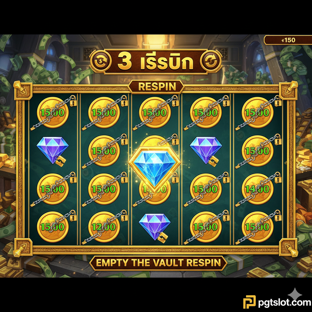 ภาพเน้นฟีเจอร์โบนัส 'Empty The Vault Respin' ของเกม 'The Vault Slot' แสดงหน้าจอเกมสล็อตแบบ 5x3 ที่มีสัญลักษณ์เงินสด (Cash Symbols) หรือเหรียญจำนวนมากถูกล็อค (Locked) อยู่บนวงล้อ วงล้อควรมีกรอบสีทองและพื้นหลังเป็นห้องนิรภัยที่เต็มไปด้วยธนบัตรและทองคำ มีตัวเลข '3 Respins' แสดงอยู่อย่างชัดเจนเพื่อสื่อถึงกลไกการรีเซ็ตสปินเมื่อได้สัญลักษณ์ใหม่ ใช้สีสันสดใสสำหรับสัญลักษณ์โบนัสเพื่อให้ดูน่าตื่นเต้นและดึงดูดสายตา
