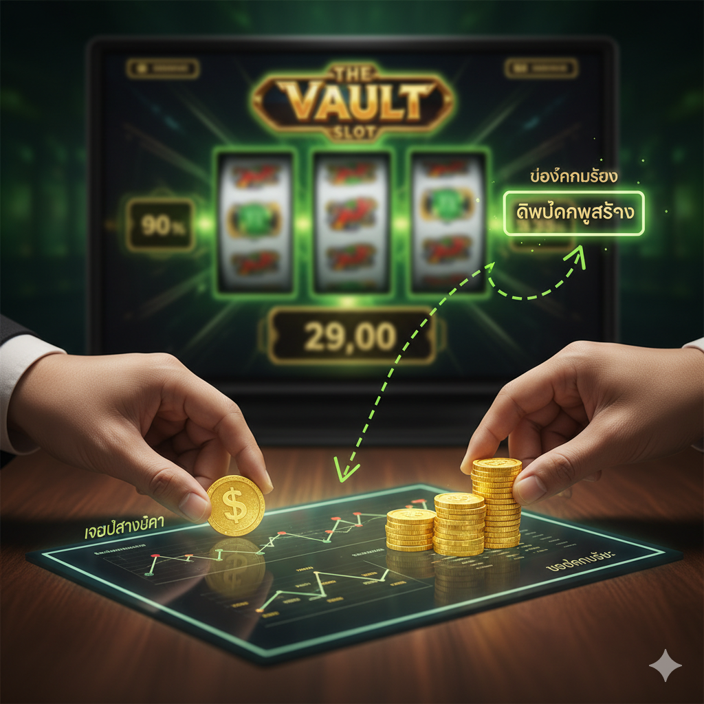 ภาพประกอบส่วนเทคนิคการเล่น 'The Vault Slot' แสดงภาพมือที่กำลังวางเหรียญทองหรือชิปเดิมพันบนโต๊ะที่มีกราฟหรือแผนภูมิเล็กๆ ประกอบอยู่ เพื่อสื่อถึงการบริหารเงินทุน (Bankroll Management) ด้านหลังเป็นภาพเบลอของหน้าจอเกมสล็อตที่กำลังหมุนอยู่ เน้นการใช้สีเขียวและสีทองเพื่อสื่อถึงการลงทุนและผลกำไร ภาพควรมีลูกศรหรือเส้นประที่นำสายตาไปยังจุดสำคัญ เช่น ปุ่ม 'Bet Max' หรือตัวเลขแสดงยอดคงเหลือ เพื่อเน้นย้ำความสำคัญของการเดิมพันอย่างมีกลยุทธ์
