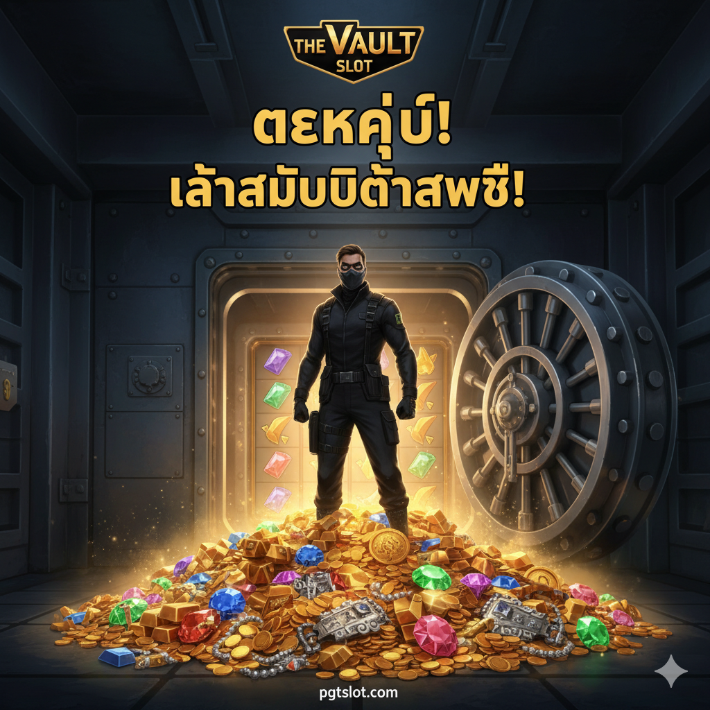 ภาพสรุปและปิดท้ายบทความ 'The Vault Slot' แสดงภาพนักโจรกรรม (ตัวละครเอกของเกม) ที่ยืนอยู่บนกองสมบัติขนาดมหึมา (เพชร, ทองคำ, เงิน) ภายในห้องนิรภัยที่เพิ่งถูกเปิดออกอย่างสมบูรณ์ แสงสว่างจ้าจากสมบัติส่องกระทบตัวละคร เน้นความรู้สึกของชัยชนะและรางวัลแจ็คพอต (Grand Jackpot) โลโก้เกม 'The Vault Slot' ควรปรากฏอยู่ด้านบนพร้อมกับคำกระตุ้นเช่น 'แตกง่าย!' หรือ 'ล่าสมบัติให้สำเร็จ!' เพื่อเชิญชวนให้ผู้อ่านลงมือเล่นทันที