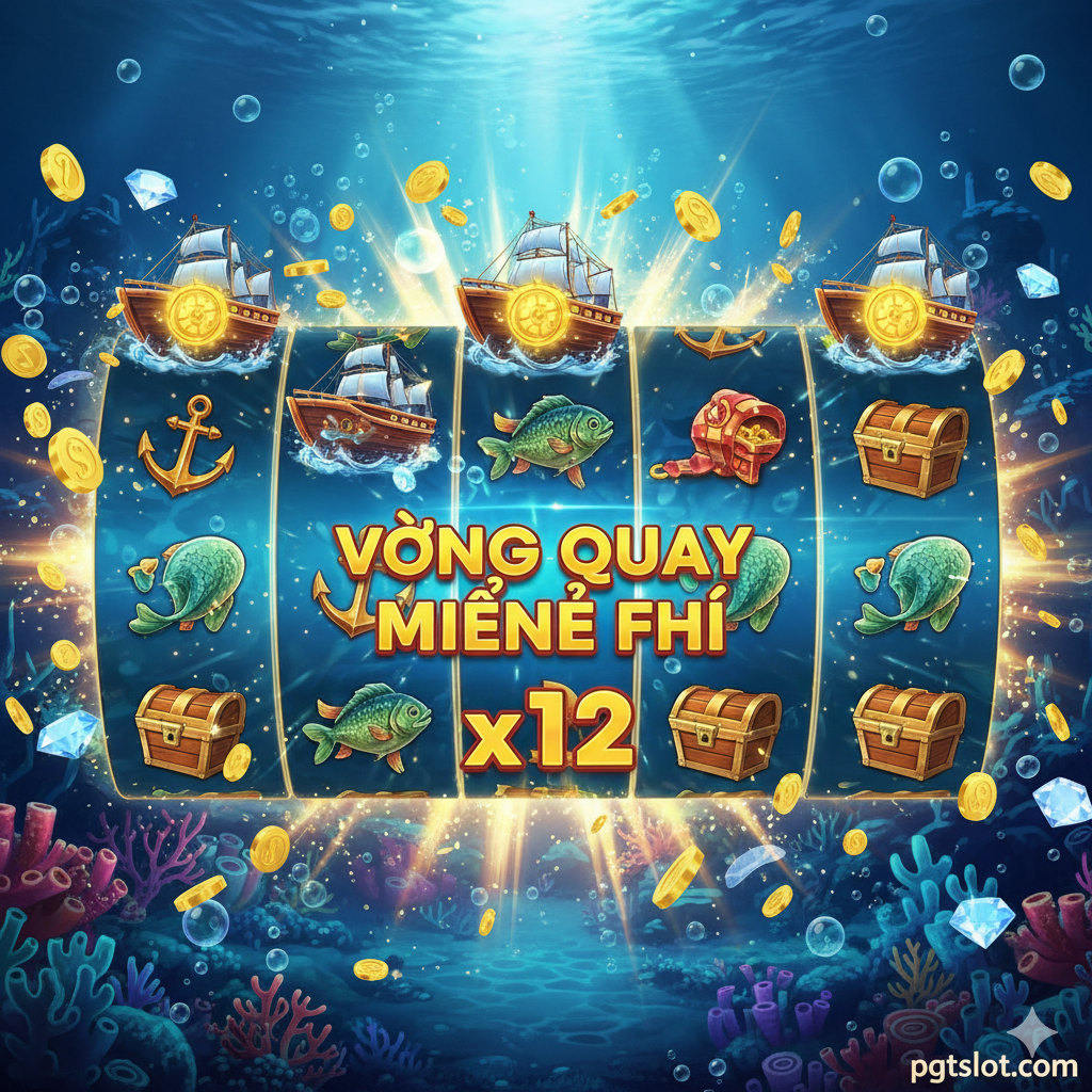 Hình ảnh mô tả tính năng Bonus hoặc Free Spins. Hiển thị rõ ràng các biểu tượng Scatter (Tàu Thuyền/La Bàn) đã kích hoạt một loạt Vòng Quay Miễn Phí (Free Spins). Các cuộn quay đang quay hoặc dừng lại với hiệu ứng ánh sáng rực rỡ, kèm theo dòng chữ lớn 'FREE SPINS' hoặc 'BIG WIN' và một hệ số nhân (Multiplier) đang tăng lên (ví dụ: x5, x10). Màu sắc nên tập trung vào sự bùng nổ của tính năng thưởng, tạo cảm giác chiến thắng lớn.