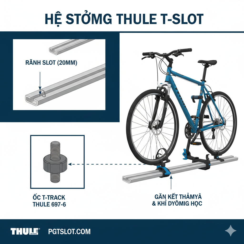 Hình ảnh phân rã (exploded view) của hệ thống T-Slot Thule, hiển thị thanh ngang, T-Slot Adapter 697-6 và một phụ kiện gắn trên đó, làm rõ cách các thành phần này kết hợp với nhau