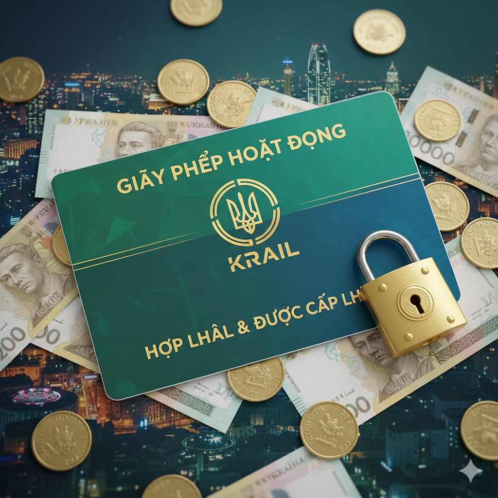 Hình ảnh minh họa cho phần 'Đánh Giá Tổng Quan City-Slot Casino tại Ukraine' và 'Phân Tích Giấy Phép KRAIL'. Bố cục gồm một tờ giấy chứng nhận hoặc một tấm thẻ bài (card) có logo KRAIL (hoặc một biểu tượng đại diện cho sự cấp phép của chính phủ Ukraine) ở trung tâm. Xung quanh là các đồng tiền Hryvnia (UAH) của Ukraine và một chiếc khóa an toàn màu vàng kim. Tông màu xanh lá cây/xanh dương (màu thường thấy trong các tài liệu chính phủ) và vàng kim, thể hiện sự an toàn, hợp pháp và minh bạch. Hình ảnh cần có dòng chữ 'Hợp Pháp & Được Cấp Phép' bằng tiếng Việt/Ukraine.