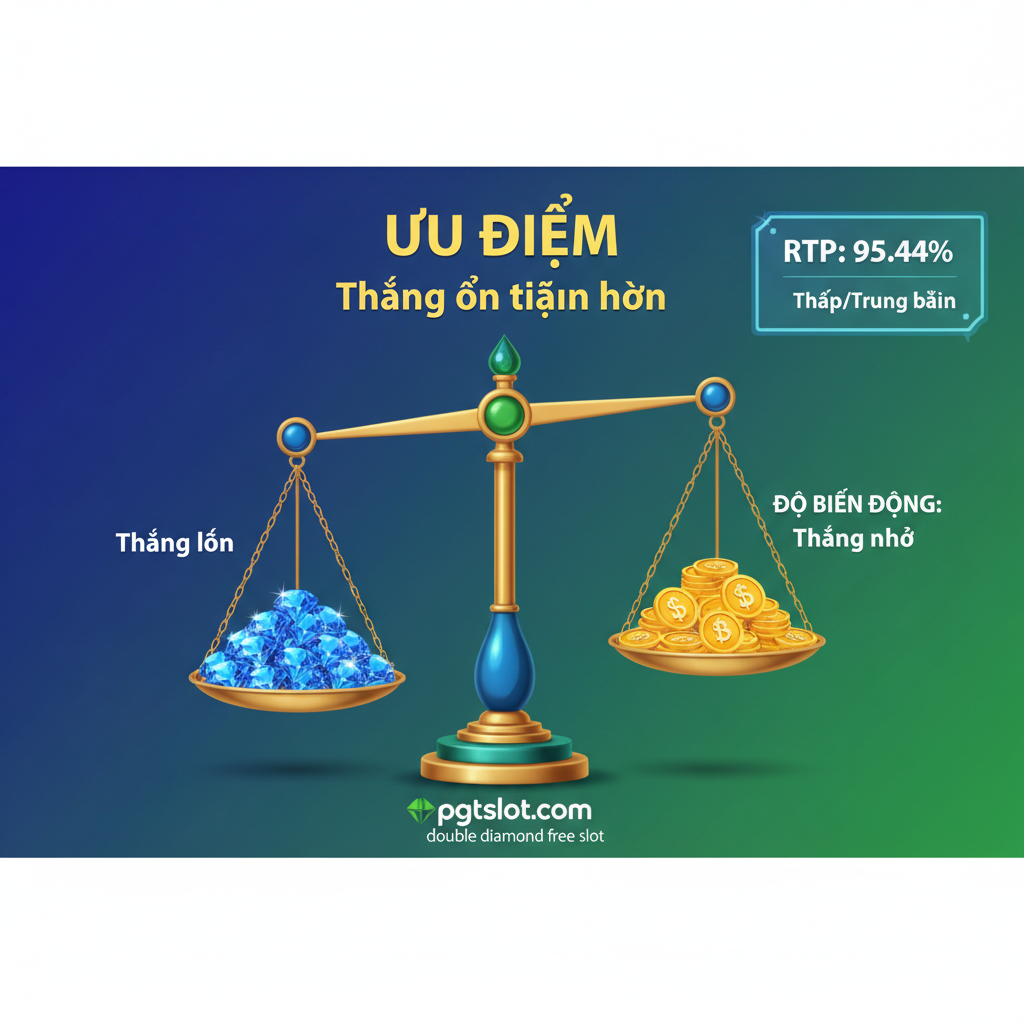 Hình ảnh minh họa ưu điểm của Double Diamond: Độ biến động Thấp/Trung bình và RTP cao. Thể hiện biểu đồ hoặc hình ảnh đại diện cho 'Thắng ổn định hơn' (Steady Wins). Có thể sử dụng hình ảnh một chiếc cân cổ điển với biểu tượng kim cương (thắng lớn) và biểu tượng tiền xu (thắng nhỏ) đang ở trạng thái cân bằng. Thêm một bảng thông tin nhỏ gọn hiển thị 'RTP: 95.44%' và 'Độ Biến Động: Thấp/Trung bình'. Màu sắc xanh dương và xanh lá cây để thể hiện sự an toàn, đáng tin cậy và lợi thế cho người chơi.