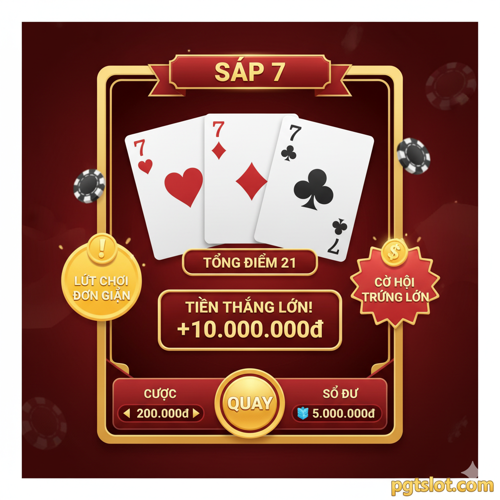 Tính năng của game Three Cards Slot, tập trung vào cách chơi. Hình ảnh trung tâm là một UI截图 hoặc mô hình giao diện game với khu vực “BET” và nút “Spin”. Ba lá bài lớn được đặt ở phía trên, ví dụ như một tổ hợp “Tổng điểm 10” hoặc “Sáp 7”. Bên ngoài có các biểu tượng nhỏ hoặc văn bản nổi bật “Luật Chơi Đơn Giản” và “Cơ Hội Trúng Lớn”. Màu sắc rực rỡ, sử dụng màu đỏ và vàng để nhấn mạnh các yếu tố cờ bạc và giải thưởng, thiết kế đơn giản, giúp người dùng dễ dàng hiểu quy tắc chơi - kết hợp giữa Slot quay và Ba Cây tính điểm.