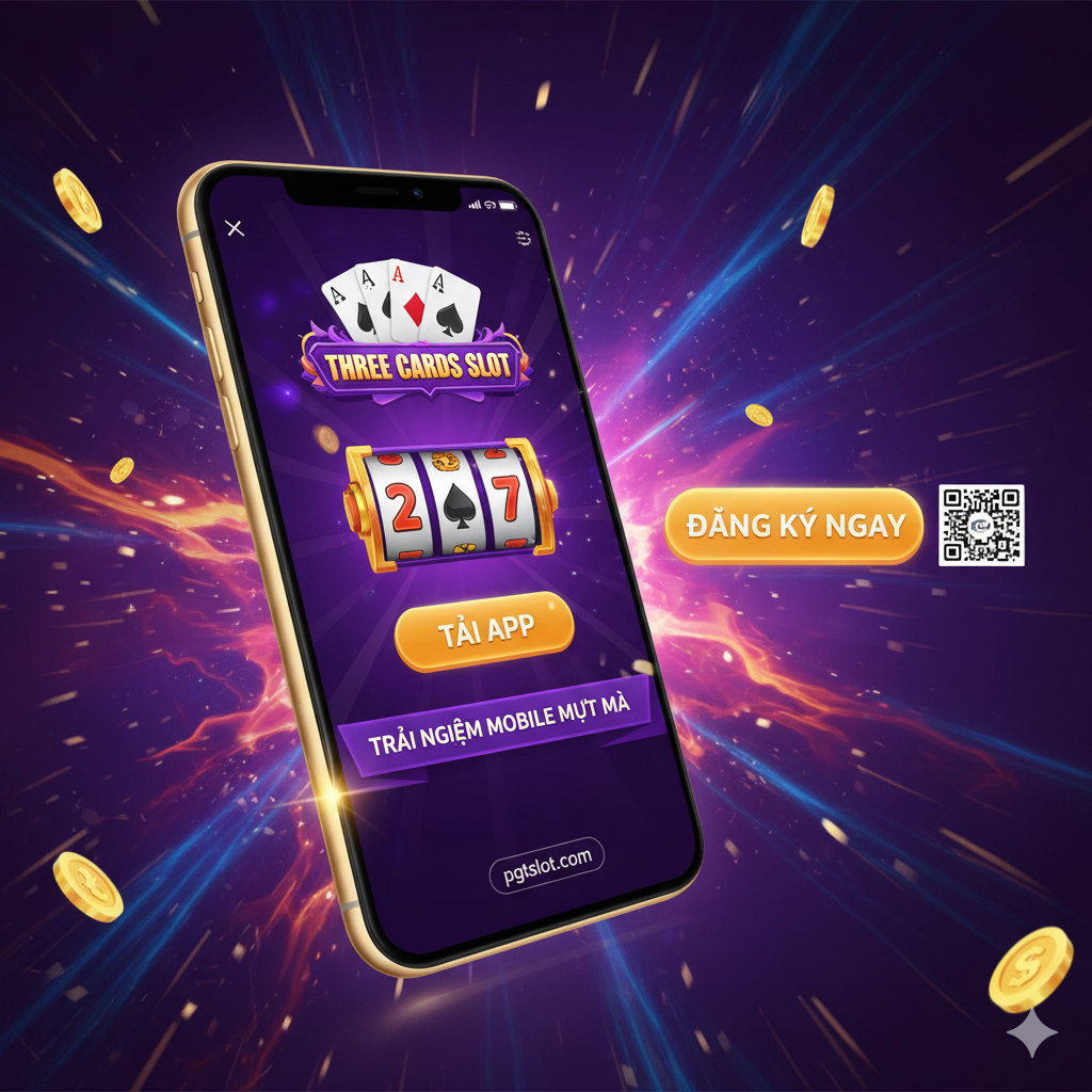 Hình ảnh tóm tắt tập trung vào lời kêu gọi hành động (CTA) và trải nghiệm di động. Chủ đề là một chiếc điện thoại thông minh hoặc máy tính bảng đặt nghiêng, màn hình hiển thị rõ ràng giao diện game “Three Cards Slot”, làm nổi bật “Tải App” và “Trải Nghiệm Mobile Mượt Mà”. Một nút “Đăng Ký Ngay” lớn hoặc mã QR được đặt bên cạnh điện thoại. Màu nền sử dụng màu sắc tươi sáng, kết hợp với hiệu ứng ánh sáng bùng nổ của “Nổ Hũ”, tạo cảm giác thôi thúc và hứng thú khi tham gia ngay lập tức, không bỏ lỡ cơ hội nhận thưởng giá trị cao.
