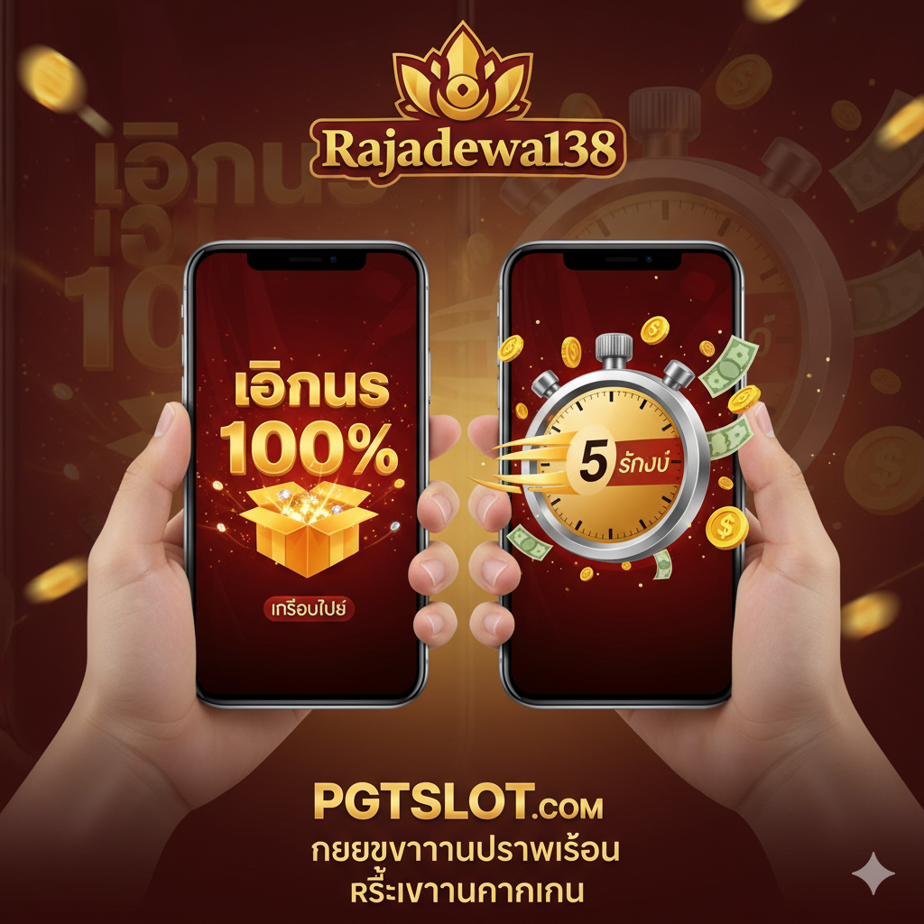 ภาพที่เน้นย้ำถึงข้อได้เปรียบด้านโบนัสและความเร็วในการทำธุรกรรม แสดงภาพมือที่ถือโทรศัพท์มือถือที่มีหน้าจอแสดง "BONUS 100%" หรือ "FREE CREDIT" (กล่องของขวัญ) และอีกด้านหนึ่งเป็นสัญลักษณ์ของการทำธุรกรรมที่รวดเร็ว (อาจเป็นนาฬิกาจับเวลาที่แสดงเลข "5 SECONDS" หรือลูกศรวิ่งเร็ว) พื้นหลังเป็นสีแดงหรือสีทองที่สื่อถึงโปรโมชั่นและชัยชนะ เน้นการเปรียบเทียบกับคู่แข่ง (rajadewa138) โดยการใช้ภาพที่มีคุณภาพและดูพรีเมียมกว่า แสดงถึงความเหนือกว่าของ PGTSLOT ทั้งในด้านโบนัสและการเงิน