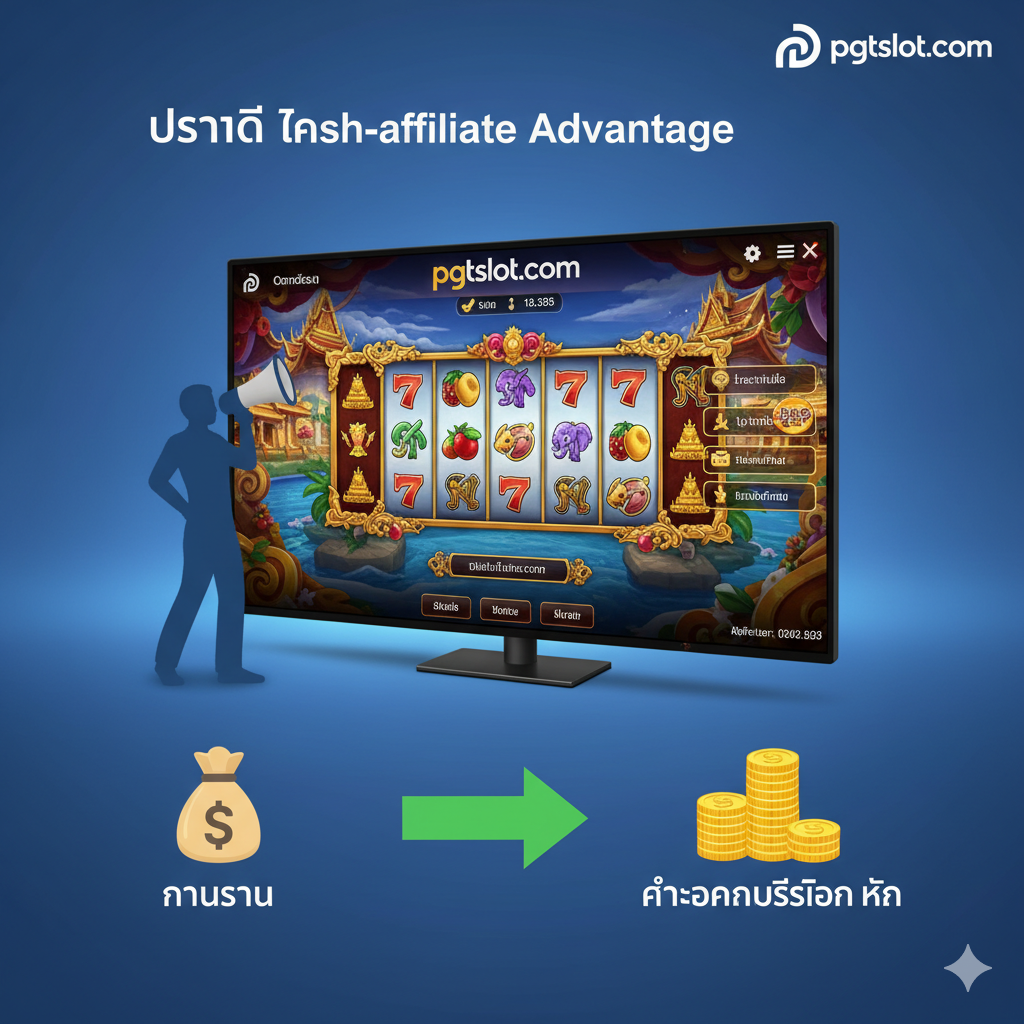 一张强调'Affiliate/Partner'优势的图片,作为从'创建'到'合作'的桥梁。画面中央是一个巨大的、已投入使用的pgtslot.com游戏界面(高质量的泰国主题老虎机画面),旁边有一个手持扩音器的人形剪影,代表'推广/营销'。下方有一条清晰的绿色箭头从左侧指向右侧(从'投资'的图标绕过,指向'高佣金'的堆叠硬币图标),象征着一条快速、低风险的盈利途径。风格应是动态,充滿โอกาส感。