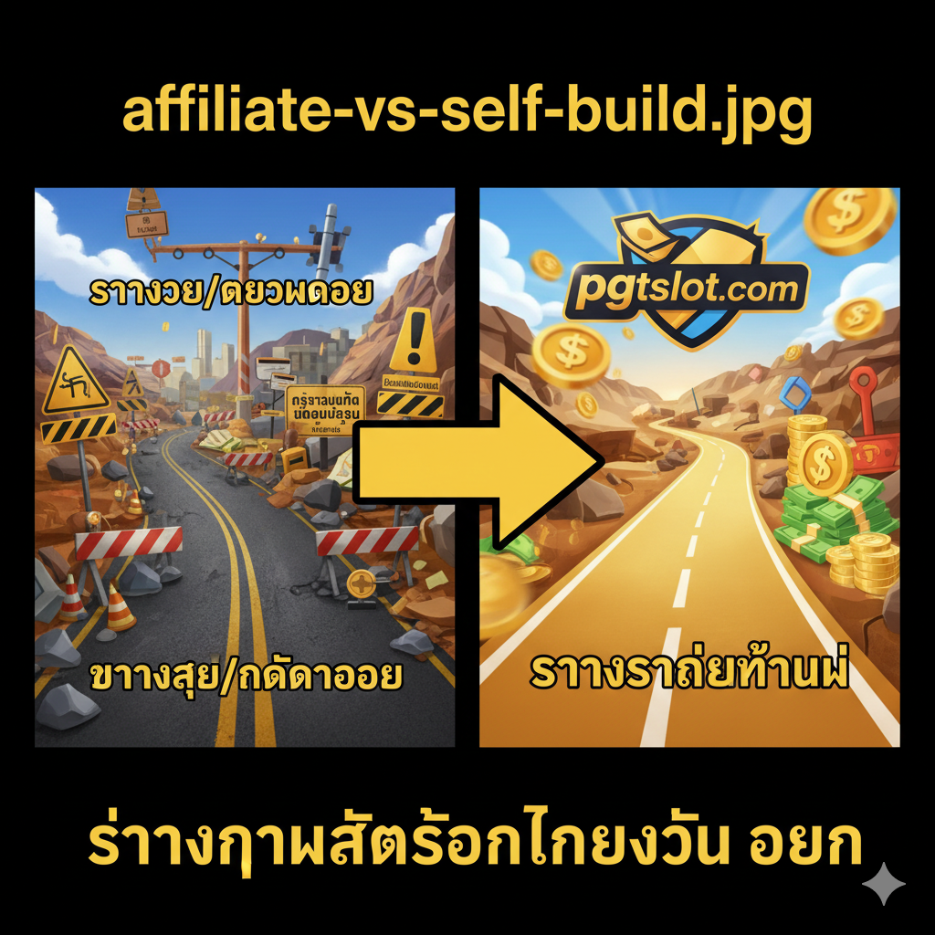 一张总结性的图片,以一个交叉路口或决策点的形式构图。左侧道路是崎岖,布满障碍的'Self-Build/Custom Development',路上有路障和警告标志(象征法律和高成本)。右侧道路是一条平坦,快速的金色跑道,直接通向一个闪亮的pgtslot.com标志和堆疊的现金符号。中间有一个巨大的箭头指向右侧的合作/伙伴道路,强调'Start Earning Now'(立即开始赚钱)。色彩应对比鮮明,突出合作的便捷和利益。