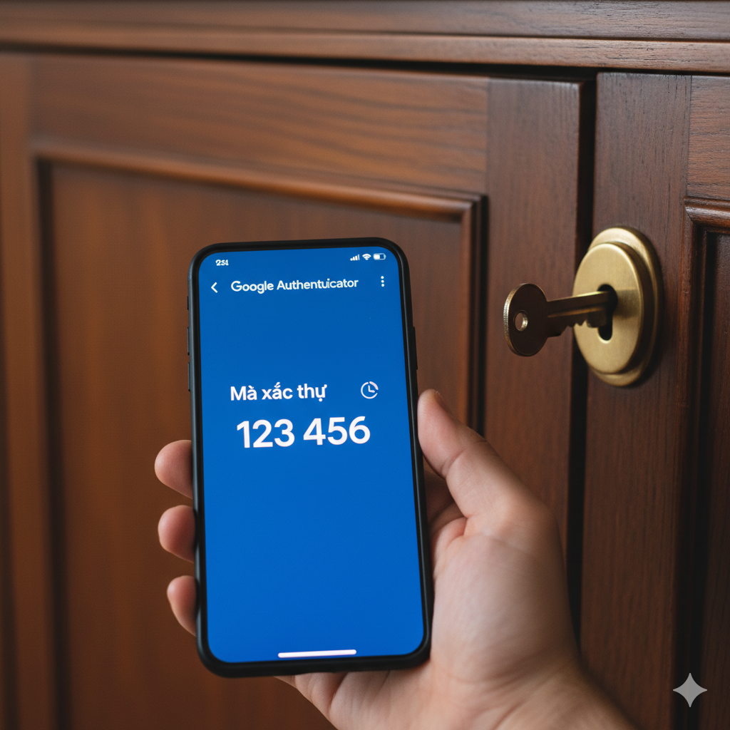 Ảnh cận cảnh một bàn tay đang cầm điện thoại thông minh, màn hình hiển thị ứng dụng Google Authenticator với mã xác thực 6 chữ số (2FA) đang xoay. Ở hậu cảnh mờ ảo, có thể nhìn thấy một chiếc chìa khóa vật lý vừa vặn với lỗ khóa của một tủ có khóa (afsluitbare kast met slot) bằng gỗ hoặc kim loại cổ điển. Bố cục đặt điện thoại làm điểm nhấn chính, sử dụng hiệu ứng lấy nét sâu để đối lập giữa bảo mật vật lý (tủ) và bảo mật kỹ thuật số (2FA), minh họa cho tính năng 'Khóa 2 Lớp'.