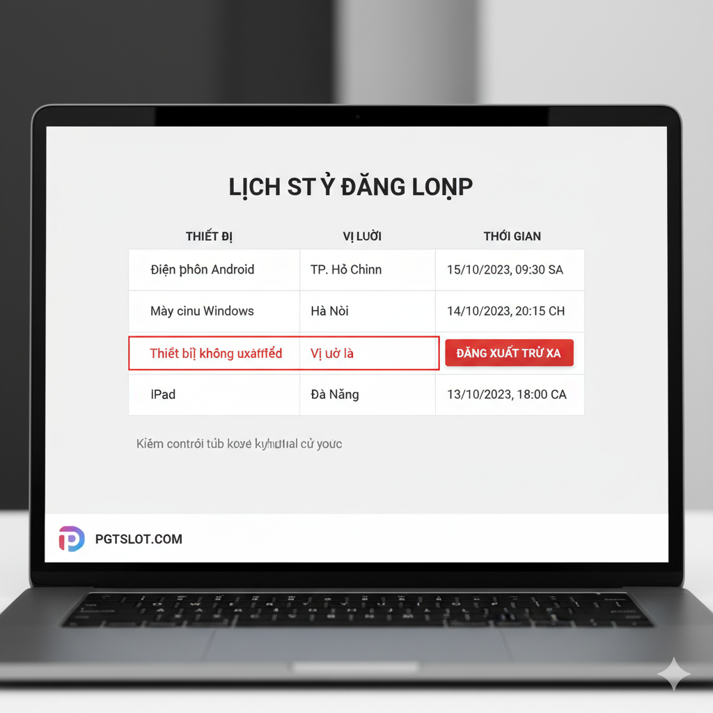 Giao diện người dùng (UI) trực quan của mục 'Lịch sử Đăng nhập' trên nền tảng PGTSLOT, hiển thị danh sách các lần đăng nhập gần đây. Các cột thông tin bao gồm 'Thiết bị', 'Vị trí', và 'Thời gian'. Một hàng trong danh sách, hiển thị một vị trí hoặc thiết bị lạ, được tô sáng màu đỏ với một nút 'Đăng xuất Từ xa' nổi bật. Hình ảnh có phong cách thiết kế phẳng (flat design) hoặc tối giản, tập trung vào màn hình máy tính để bàn hoặc laptop, thể hiện sự kiểm soát chủ động của người dùng đối với tủ khóa kỹ thuật số của họ.