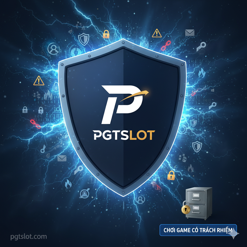 Một tấm khiên vững chắc, màu xanh đậm với biểu tượng PGTSLOT ở trung tâm, đang chống lại một cơn bão dữ dội của các biểu tượng an ninh mạng và các biểu tượng cảnh báo. Ở góc dưới, có một hình ảnh nhỏ, tinh tế của một chiếc tủ hồ sơ có khóa (afsluitbare kast met slot) được dán nhãn 'Responsible Gaming' hoặc 'Trách Nhiệm Chơi Game'. Tổng thể bức ảnh truyền tải sự cam kết mạnh mẽ của PGTSLOT đối với sự bảo mật toàn diện và chơi game có trách nhiệm, mang lại cảm giác tin cậy và sự bảo vệ vững chắc.