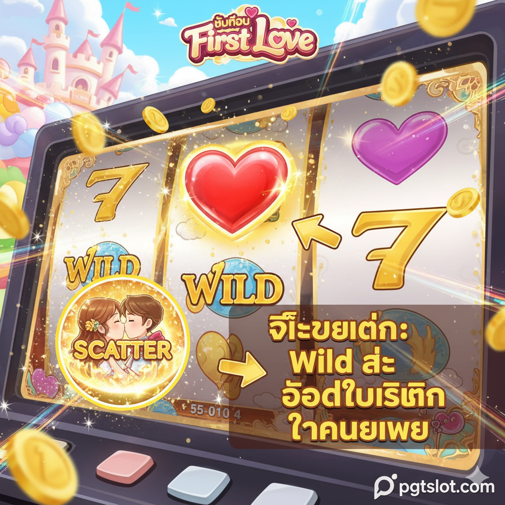 展示游戏核心功能（Wild和Free Spin）的图片。画面风格延续可爱的卡通风، 聚焦于一个正在旋转的老虎机屏幕特写。屏幕上必须清晰展示'Wild'符号（例如一个巨大的红心）和'Scatter'符号（例如一对甜蜜的情侣或一封金色的情书）并被高亮显示。旁边用泰语或明显的箭头文字标注：'ฟีเจอร์เด่น: Wild และ โหมดฟรีสปิน ตัวคูณเพิ่ม' (主要功能: Wild 和 Free Spin 乘数增加)。背景可以有金币飞溅的动态效果، 以突出'แตกง่าย'（易爆奖）的刺激感، 并暗示高RTP和中等波动性的平衡。