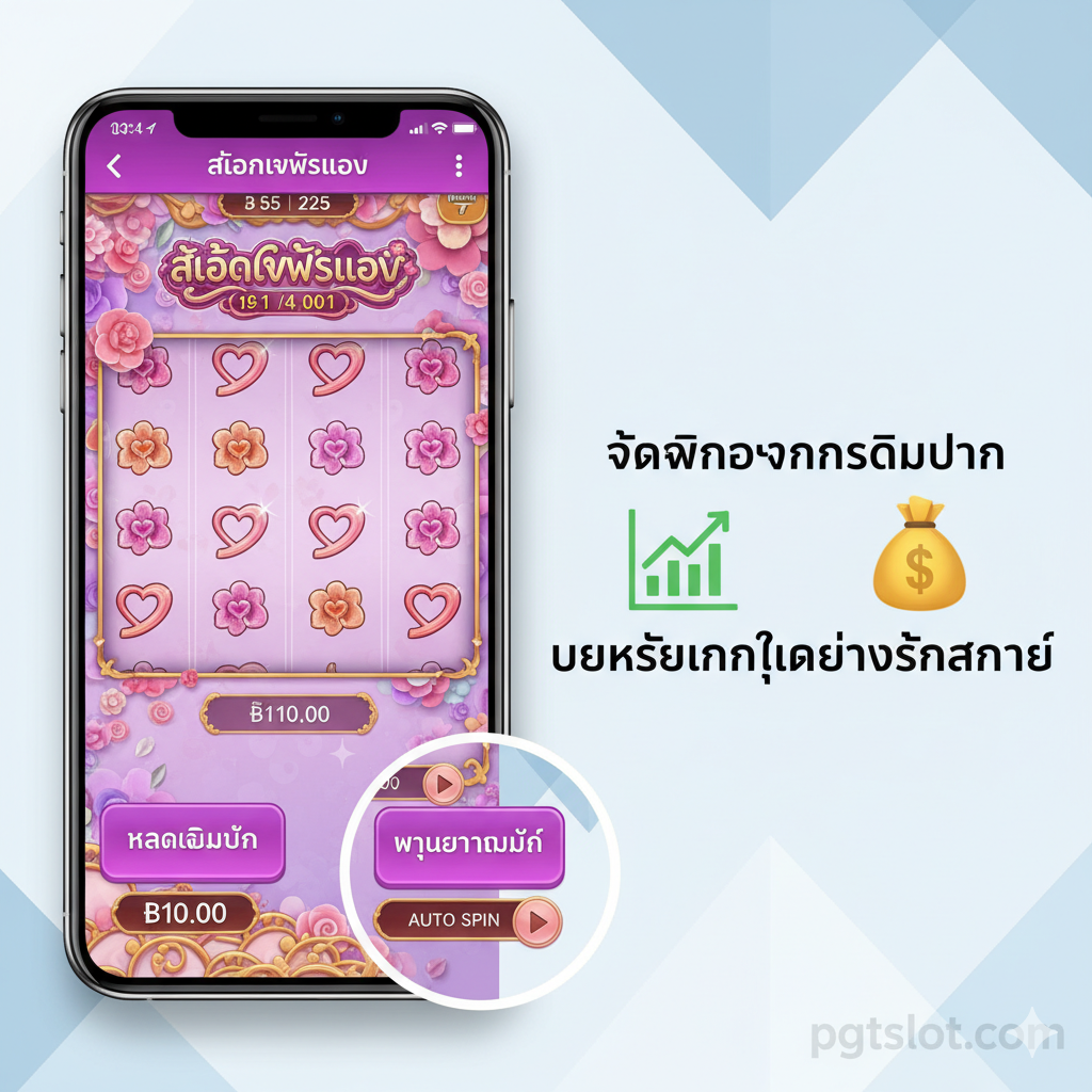 一张关于游戏技巧和资金管理的教程图片。构图应为一个俯视视角的手机屏幕（模拟用户正在玩游戏），屏幕下方有游戏的'Bet Size'（投注额）และ'Auto Spin'（自动旋转）按钮特写。ใน屏幕旁边หรือ上方، 以醒目的图形符号และ简短泰语文字说明核心技巧، 例如：一个'📈'符号配上'จับจังหวะการเดิมพัน'（抓住投注时机）和一个'💰'符号配上'บริหารเงินทุนอย่างชาญฉลาด'（智能管理资金）。整体视觉效果简洁、清晰، 传达出专业และ实用的信息، 并加入pgtslot.com的品牌元素作为水印。