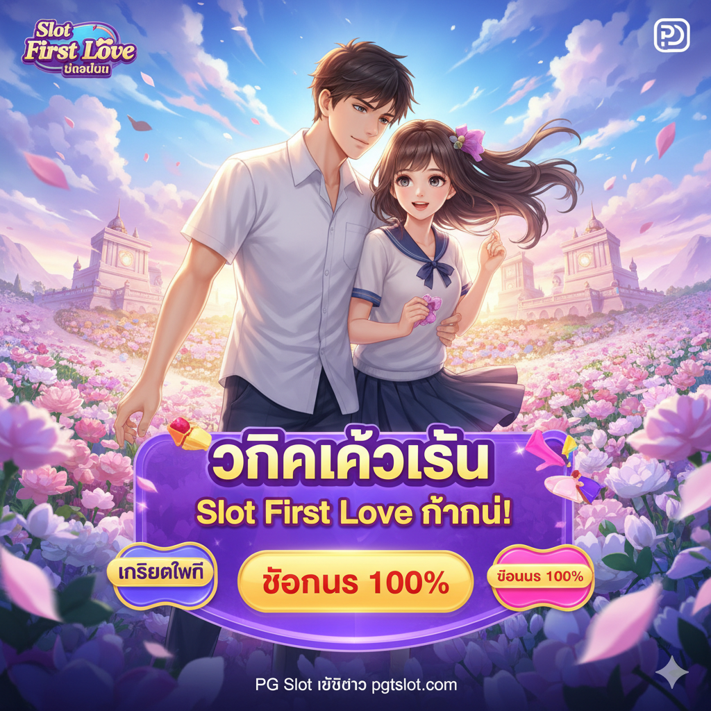 总结和行动号召（Call to Action）图片。画面应是游戏的主要场景和角色（情侣）在一个梦幻般的背景中، 充满希望和成功的氛围。前景中央设置一个醒目的泰语行动按钮، 例如'คลิกเข้าเล่น Slot First Love ทันที!'（立即点击进入Slot First Love!）، 按钮周围环绕着'เครดิตฟรี'และ'โบนัส 100%'（免费信用和100%奖金）的促销信息。图片下方小字突出'PG Slot เว็บตรง pgtslot.com'。整体构图旨在激励用户立即点击،色彩明亮且充满活力، 作为文章的有力收尾。