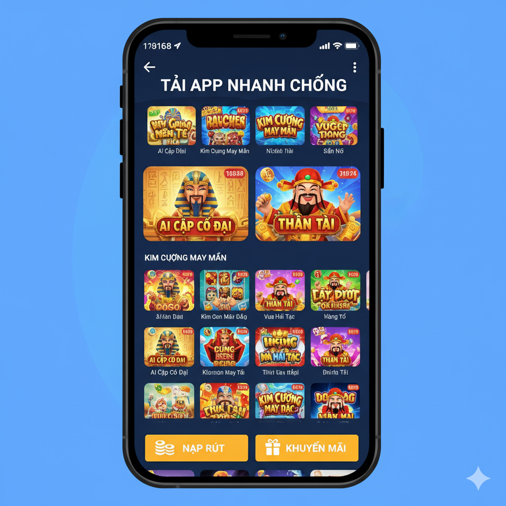 Một mô phỏng giao diện ứng dụng Evo168 Slot trên thiết bị di động, hiển thị sảnh game slot với nhiều thumbnail trò chơi hấp dẫn và các nút điều hướng rõ ràng như Nạp Rút và Khuyến Mãi, cho thấy sự ổn định và tiện lợi của App.