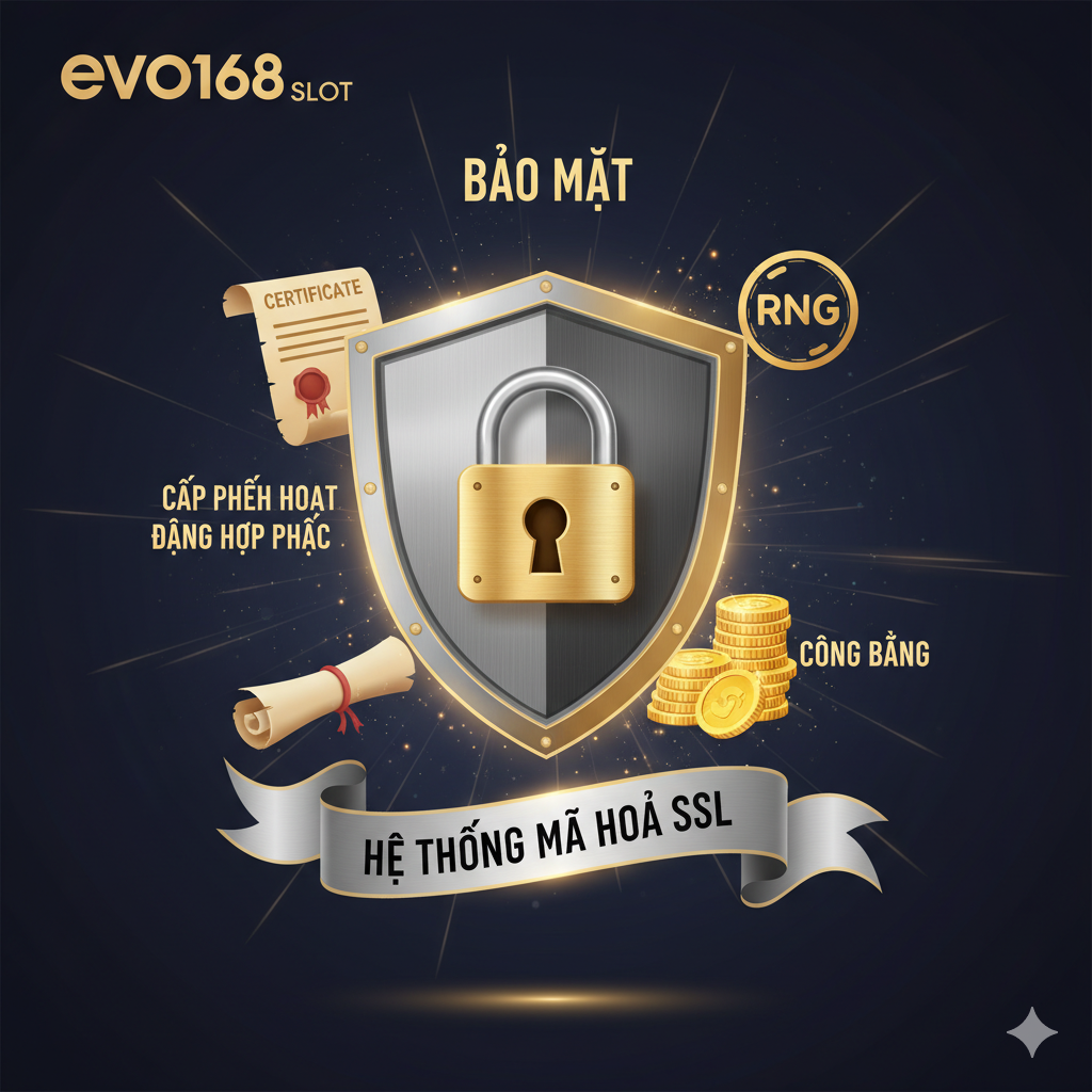 Hình ảnh tập trung vào các yếu tố bảo mật như khiên và khóa, kèm theo biểu tượng chứng nhận pháp lý và công bằng (RNG), nhấn mạnh thương hiệu Evo168 Slot hoạt động hợp pháp và minh bạch với hệ thống mã hóa SSL.