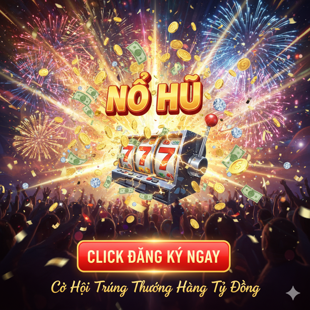 Hình ảnh một vụ nổ Jackpot (Nổ Hũ) với hàng đống tiền vàng bay ra từ máy slot, có một nút kêu gọi hành động nổi bật “CLICK ĐĂNG KÝ NGAY” bằng tiếng Việt, nhằm khuyến khích người dùng hành động ngay lậpời.