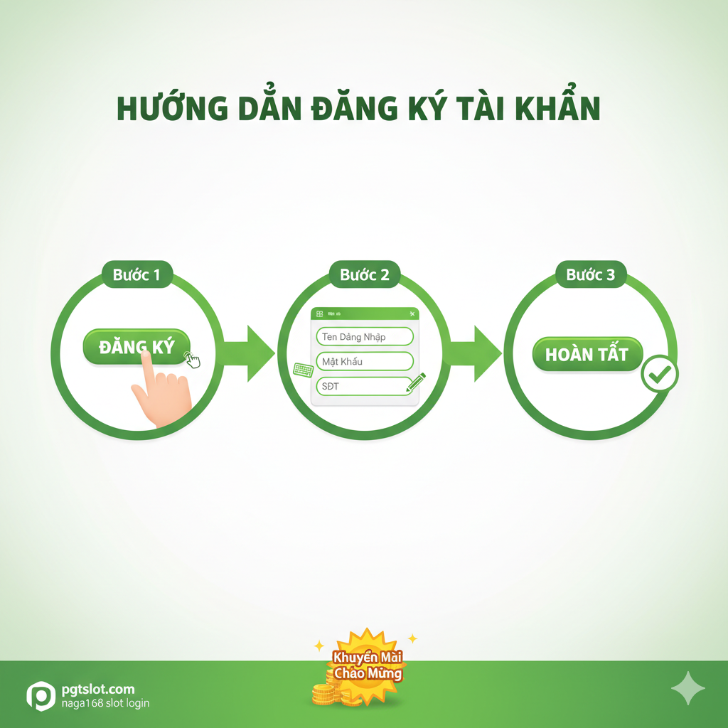一张用于“Hướng Dẫn Đăng Ký Tài Khoản”的教程图。图片采用三步流程图的构图：使用数字1、2、3或箭头连接。第一步（Bước 1）是一个手点击'Đăng Ký'按钮的特写。第二步（Bước 2）是一个表单填写区域，突出显示需要填写的关键信息（Tên Đăng Nhập, Mật Khẩu, SĐT）。第三步（Bước 3）是一个大的'Hoàn Tất'按钮或一个勾选符号，表示成功。整体风格应简洁、步骤清晰，使用绿色和白色为主色调以增强“易懂”和“安全”的感受。在底部添加一个小的金币堆或奖励标志，暗示'Khuyến Mãi Chào Mừng'。