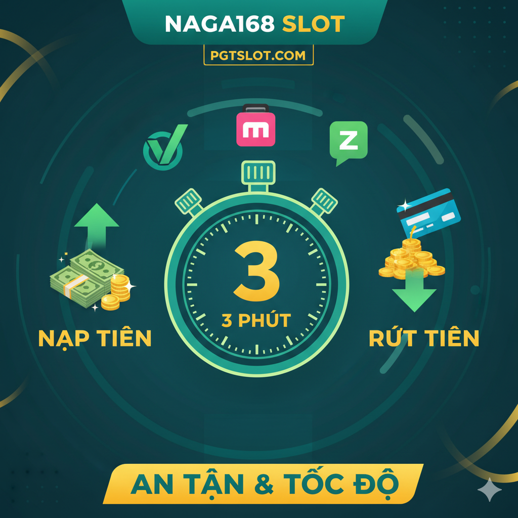 展示“Nạp Tiền và Rút Tiền Cực Nhanh”的优势图片。图片中央是一个醒目的时钟或秒表，指针指向极短的时间（如3 phút），象征超快的交易速度。周围环绕着不同的支付方式图标（如Vietcombank、Momo、ZaloPay的抽象图标），强调多样性。一侧是向上箭头和一叠现金/金币（Nạp Tiền），另一侧是向下箭头和金币流入银行卡（Rút Tiền）。色彩以绿色和金色为主，代表金钱流动和效率。构图应动态且强调'An Toàn'和'Tốc Độ'，体现PGTSLOT提供的优质服务。