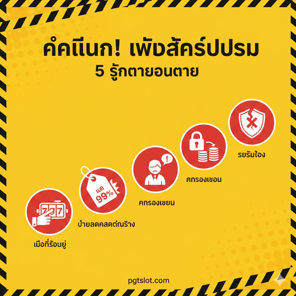 ภาพแนว 'คำเตือน' ที่เน้นวิธีการหลีกเลี่ยง 'เว็บสล็อตปลอม' โดยใช้สไตล์กราฟิกแบบอินโฟกราฟิก/สัญลักษณ์เตือนภัย (Warning sign) มีไอคอน 5 จุดสีแดงที่แสดงถึงสัญญาณเตือน เช่น 'มือที่ซ่อนอยู่' (Hidden hand) กำลังโกงผลลัพธ์, 'ป้ายลดราคาเกินจริง' (Overly dramatic discount tag), 'รูปคนร้องเรียน' (Complaint icon), และ 'รูปกุญแจล็อค' (Locked withdrawal symbol) พื้นหลังเป็นสีเหลืองสว่างพร้อมขอบสีดำคล้ายเทปเตือนภัย (Caution tape) เพื่อดึงดูดความสนใจไปยัง '5 สัญญาณเตือน' ในหัวข้อที่ 3 ของบทความ