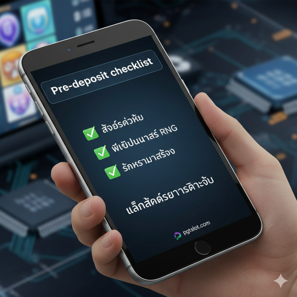 ภาพแนวสรุปผลลัพธ์ที่เป็นมิตรต่อผู้ใช้ (User-friendly) ในรูปแบบ 'รายการตรวจสอบก่อนฝากเงิน' (Pre-deposit checklist) โดยมีมือถือหรือแท็บเล็ตแสดงหน้าจอลิสต์ที่มีเครื่องหมายถูกสีเขียว 3-4 ข้อ ('✓ สล็อตค่ายใหญ่', '✓ มีใบอนุญาต RNG', '✓ ธุรกรรมรวดเร็ว') และมีข้อความสรุปว่า 'เล่นสล็อตอย่างปลอดภัย' (Play Safely) พร้อมโลโก้เล็กๆ ของ pgtslot.com อยู่ด้านล่าง ภาพควรมีสีสันสดใสแต่เป็นมืออาชีพ สื่อถึงขั้นตอนสุดท้ายและทำให้ผู้เล่นรู้สึกมั่นใจในการตัดสินใจเลือก 'เว็บสล็อตที่เชื่อถือได้'