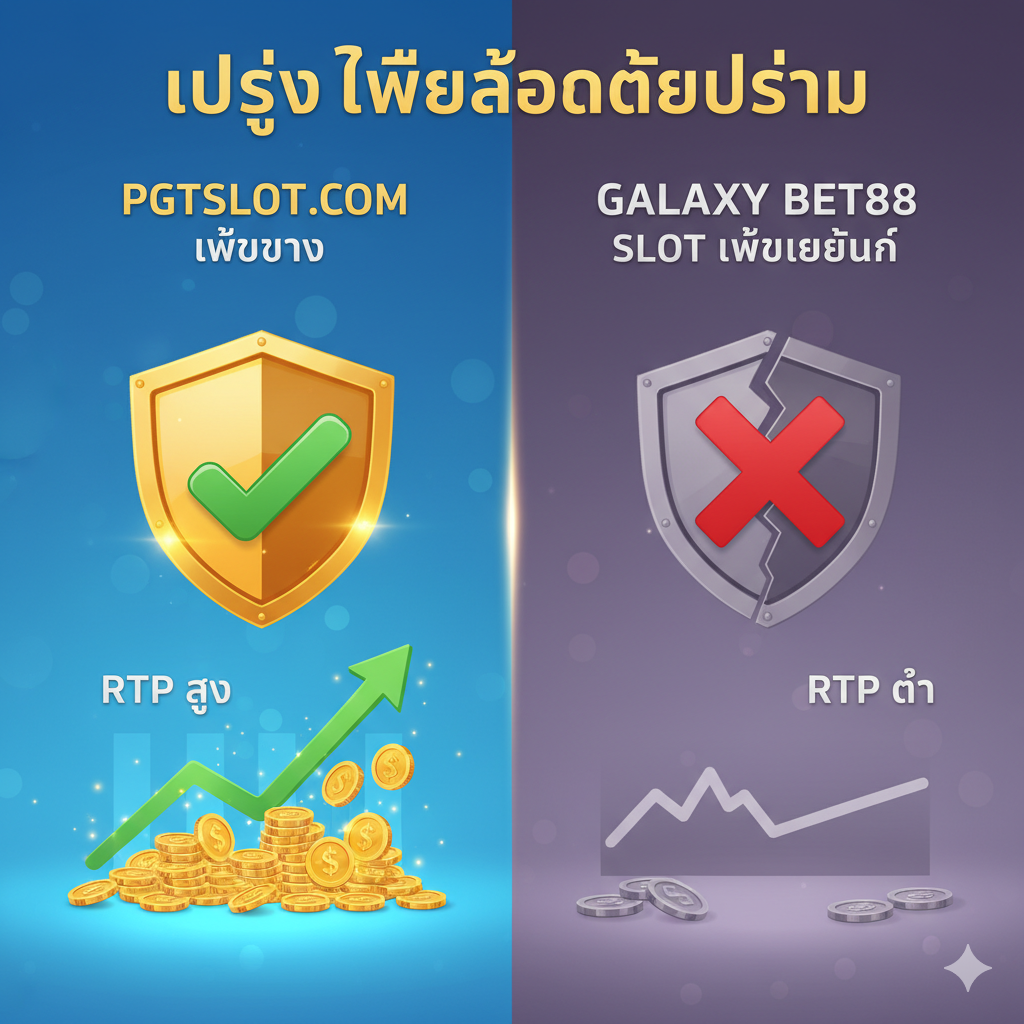 ภาพเปรียบเทียบความได้เปรียบของการเป็น 'เว็บตรง' (PGTSLOT) กับ 'เว็บเอเย่นต์' (Galaxy Bet88 Slot) โดยใช้ภาพกราฟิกสองฝั่งที่ชัดเจน ด้าน PGTSLOT มีสัญลักษณ์ 'โล่' หรือ 'เครื่องหมายถูก' ขนาดใหญ่ พร้อมกราฟแสดง 'RTP สูง' ที่พุ่งขึ้นไป และเหรียญทองจำนวนมาก ด้าน Galaxy Bet88 Slot แสดงเป็นภาพที่ดูเก่าหรือมัวกว่า มีสัญลักษณ์ 'เครื่องหมายกากบาท' และกราฟ RTP ที่ต่ำกว่า เพื่อสื่อถึงความมั่นคงทางการเงินและความโปร่งใสในการจ่ายรางวัลที่สูงกว่า.