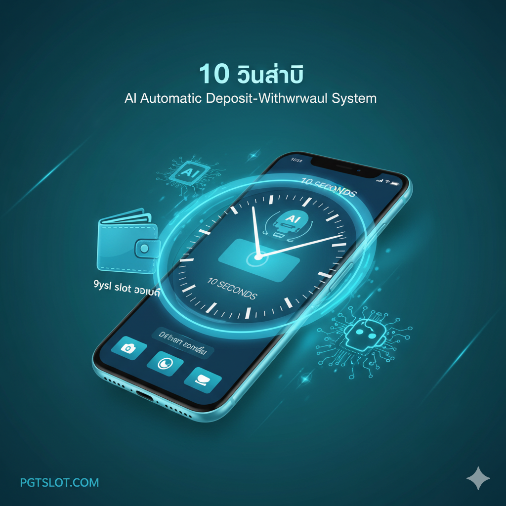 ภาพเน้นคุณสมบัติ 'ระบบฝาก-ถอน AI อัตโนมัติ 10 วินาที' แสดงหน้าจอสมาร์ทโฟนที่กำลังทำธุรกรรมอย่างรวดเร็ว มีเข็มนาฬิกาชี้ไปที่ '10 วินาที' เป็นองค์ประกอบหลัก โทนสีฟ้า-เขียวสว่าง แสดงถึงความรวดเร็วและเทคโนโลยี มีไอคอนกระเป๋าเงิน (Wallet) และสัญลักษณ์ AI (หุ่นยนต์/วงจร) อยู่รอบๆ เพื่อสื่อถึงการทำรายการผ่าน '9ysl slot วอเลท' และระบบอัจฉริยะของ PGTslot ให้ความรู้สึกถึงความทันสมัยและไม่มีสะดุด