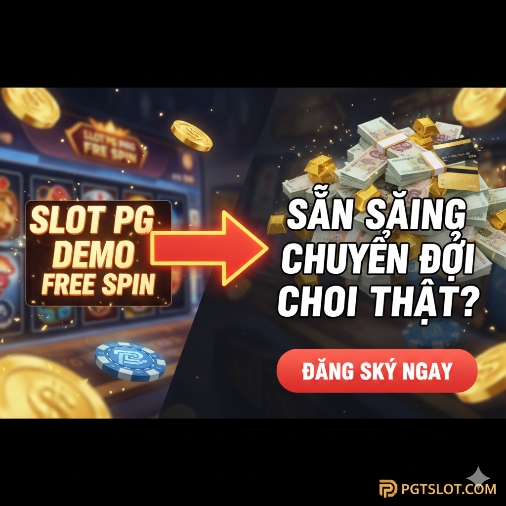 Ảnh kết luận mang tính thúc đẩy hành động (Call to Action). Chia đôi ảnh: một bên là hình ảnh mờ ảo của tiền ảo/chip chơi thử (tượng trưng cho Demo), bên kia là một đống tiền thật, vàng, hoặc thẻ ngân hàng (tượng trưng cho Chơi Thật). Có một mũi tên hoặc biểu tượng chuyển đổi lớn, màu đỏ/cam nổi bật, chỉ từ Demo sang Tiền Thật. Dòng chữ lớn 'SẴN SÀNG CHUYỂN ĐỔI CHƠI THẬT?' và một nút 'ĐĂNG KÝ NGAY' lớn hơn, mời gọi. Bố cục năng động, tạo cảm giác chuyển tiếp và cơ hội chiến thắng thực sự.