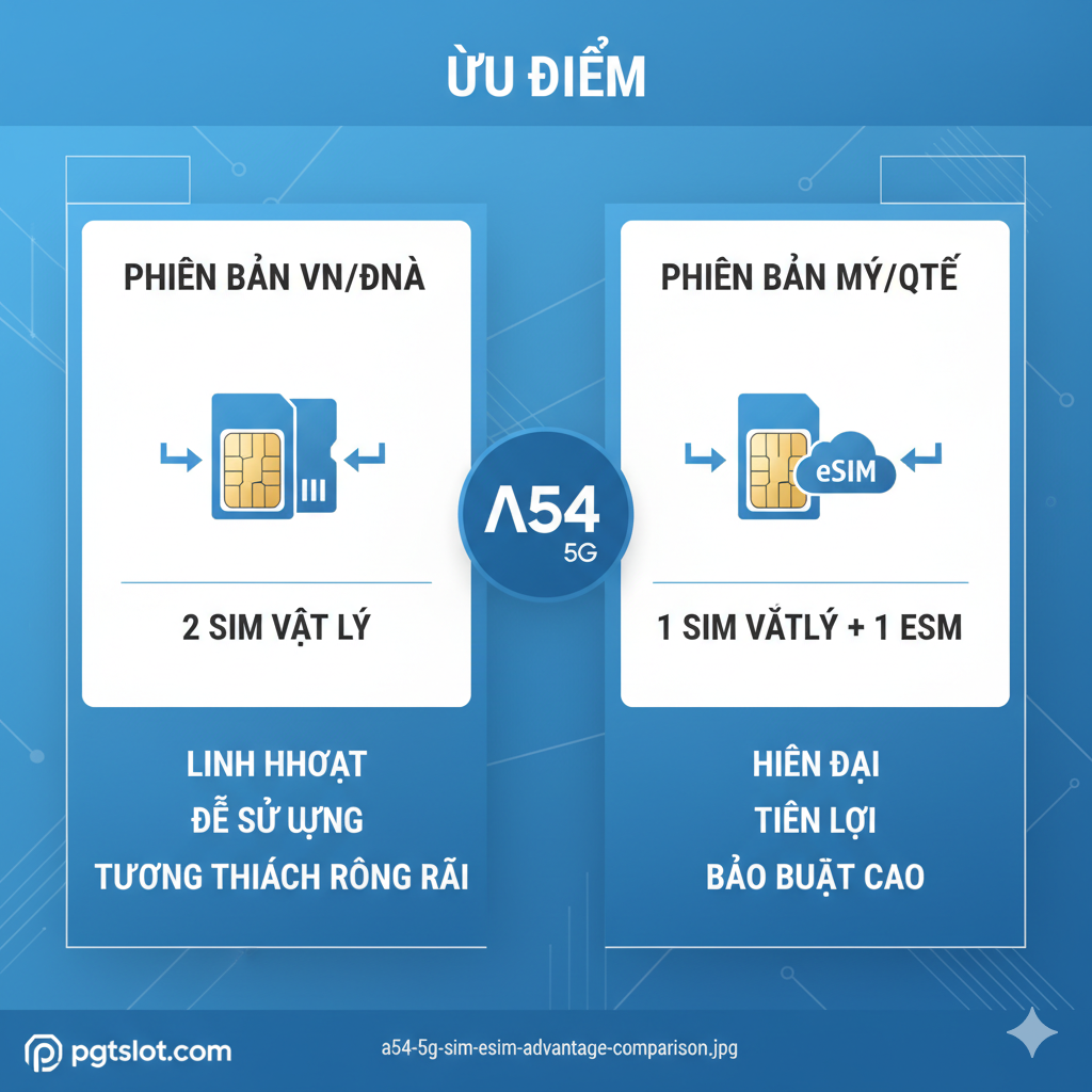 Ảnh về lợi thế hỗ trợ eSIM (dù có thể tùy thị trường). Hình ảnh nên có biểu tượng eSIM (một mã QR hoặc biểu tượng kết nối không dây) đặt cạnh một SIM vật lý Nano-SIM đang nằm trên màn hình điện thoại A54 5G. Ánh sáng nhẹ nhàng, màu sắc công nghệ (xanh lam, xanh ngọc) thể hiện tính năng hiện đại. Thêm một dấu hỏi lớn hoặc dòng chữ nhỏ 'Hỗ Trợ eSIM?' để kích thích người dùng kiểm tra phiên bản máy của họ theo hướng dẫn trong bài.