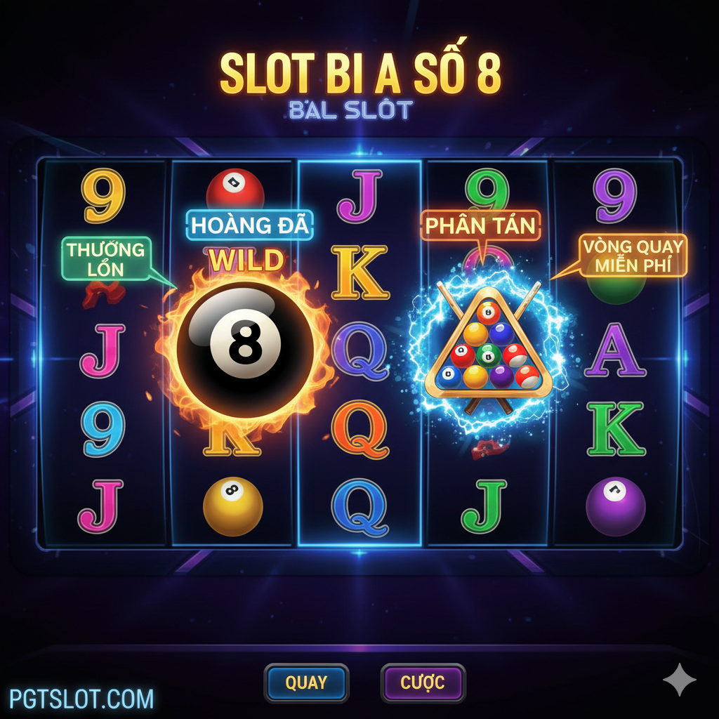 ภาพแสดงฟีเจอร์หลักของเกม '8 Ball Slot' โดยเน้นที่สัญลักษณ์พิเศษ: ลูกบิลเลียดหมายเลข 8 (เป็นสัญลักษณ์ Wild) และรูปโต๊ะบิลเลียดหรือไม้คิว (เป็นสัญลักษณ์ Scatter) จัดองค์ประกอบให้เห็นหน้าจอวงล้อสล็อต 5 วงล้อที่มีสัญลักษณ์พิเศษเหล่านี้ปรากฏอยู่เด่นชัด มีป้ายหรือข้อความเรืองแสงขนาดเล็กชี้ไปที่สัญลักษณ์ Wild และ Scatter พร้อมคำว่า 'Free Spin' หรือ 'Bonus' โทนสีควรเป็นสีสดใสและน่าตื่นเต้นเพื่อสื่อถึงโอกาสในการได้รับรางวัล