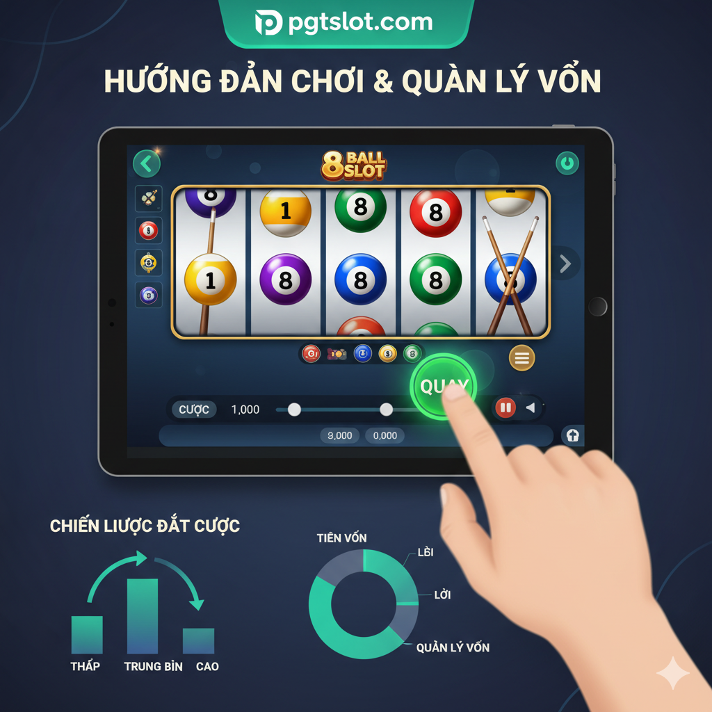 ภาพประกอบที่สื่อถึง 'วิธีเล่นและสูตรการจัดการเงินทุน' สำหรับ '8 Ball Slot' แสดงหน้าจอควบคุมเกมสล็อต โดยมีมือที่กำลังกดปุ่ม 'Spin' หรือ 'Bet Max' อย่างชัดเจน องค์ประกอบภาพควรมีกราฟแท่งหรือแผนภูมิวงกลมเล็กๆ ที่แสดงการแบ่งเงินทุน (Money Management) หรือลูกศรที่แสดงถึง 'การวนเบท' (Bet Cycling Strategy) โดยการปรับตัวเลขเดิมพัน (Bet Size) จากต่ำไปสูง เน้นความรู้สึกของการควบคุมและการวางแผนอย่างมีกลยุทธ์