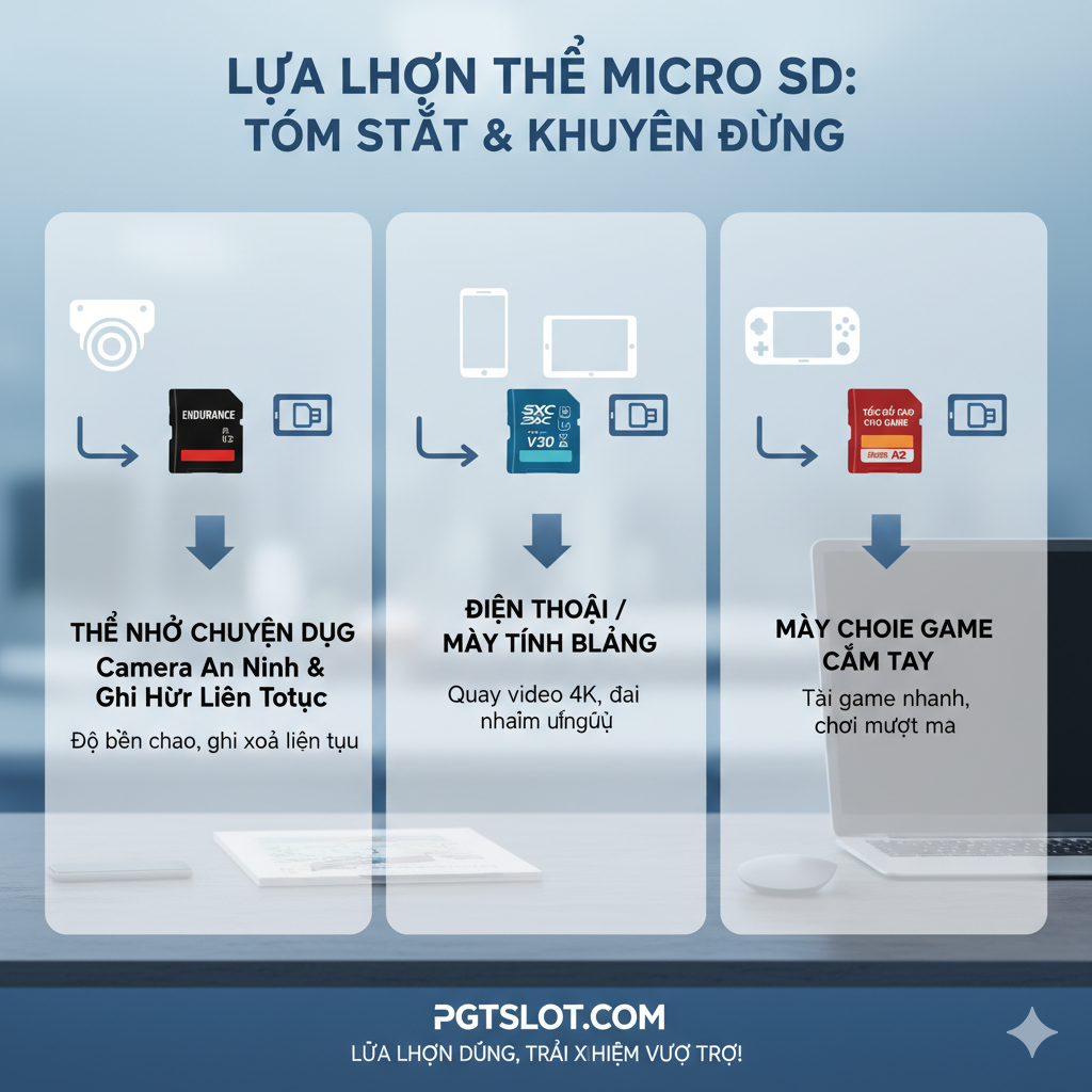 Một hình ảnh tổng hợp (summary image) dưới dạng bảng so sánh hoặc biểu đồ Venn đơn giản, đưa ra lời khuyên lựa chọn thẻ nhớ tối ưu cho các thiết bị khác nhau. Chia làm ba khu vực: 'Camera An Ninh/Dashcam' (Endurance, V10/V30), 'Điện thoại/Tablet' (SDXC, UHS-I U3/V30), và 'Máy chơi Game' (Read Speed Cao, SDXC). Sử dụng biểu tượng của mỗi thiết bị (Camera CCTV, Điện thoại, Game Console) để dễ dàng nhận diện. Hình ảnh tươi sáng, màu sắc đồng nhất với thương hiệu PGTSLOT.COM, nhấn mạnh các 'Key Takeaways' để người đọc dễ dàng tóm tắt kiến thức. Đặt hình ảnh này tại mục 'IV. LỜI KHUYÊN KHI LỰA CHỌN VÀ TÓM TẮT'.