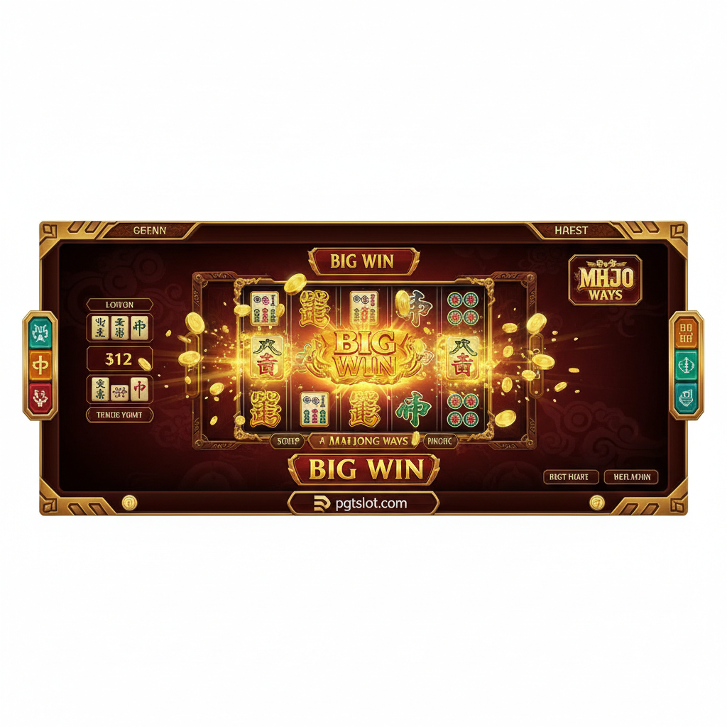Ảnh bìa phong cách game slot cao cấp và kịch tính, tập trung vào chủ đề "menang slot mahjong" (thắng slot mahjong). Màu sắc chủ đạo là Vàng kim (Gold), Đỏ đậm và Xanh ngọc bích, phản ánh sự sang trọng của Mahjong. Hình ảnh trung tâm là một bàn quay Slot Mahjong Ways (PG Soft) đang hiển thị một tổ hợp thắng lớn (BIG WIN) với các biểu tượng quân cờ Mahjong Vàng đang phát sáng rực rỡ, kèm theo hiệu ứng tiền vàng (coin explosion) tung ra màn hình. Thêm logo pgtslot.com nhỏ góc dưới. Tổng thể tạo cảm giác chiến thắng, giàu có và mời gọi người chơi.