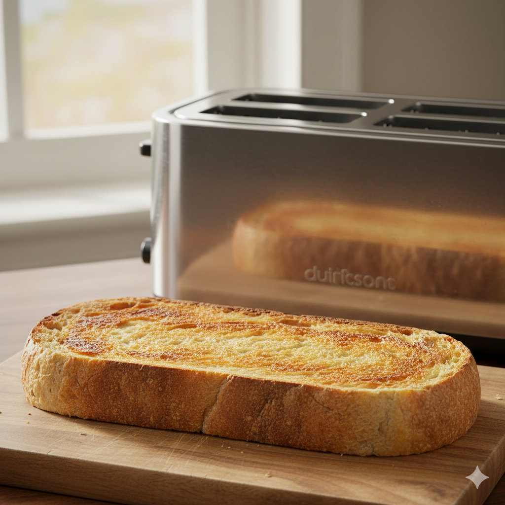 ภาพแสดงความแตกต่างที่โดดเด่น: ขนมปังซาวโดว์ (Sourdough) แผ่นหนาและยาวถูกปิ้งจนเป็นสีทองเหลืองที่สม่ำเสมอทั่วทั้งแผ่น (Perfectly Toasted) จัดวางบนเขียงไม้ข้างเครื่องปิ้งขนมปังช่องยาวที่ทำงานเสร็จแล้ว ภาพควรเน้นที่ความกรอบของเนื้อขนมปังและสีที่เท่ากันทุกส่วน เพื่อตอกย้ำถึงข้อได้เปรียบหลักของ 'Long Slot Toaster' ที่สามารถจัดการกับขนมปังแผ่นใหญ่ได้อย่างมีประสิทธิภาพและสม่ำเสมอ ซึ่งเป็นจุดที่เหนือกว่าเครื่องปิ้งขนมปังทั่วไป