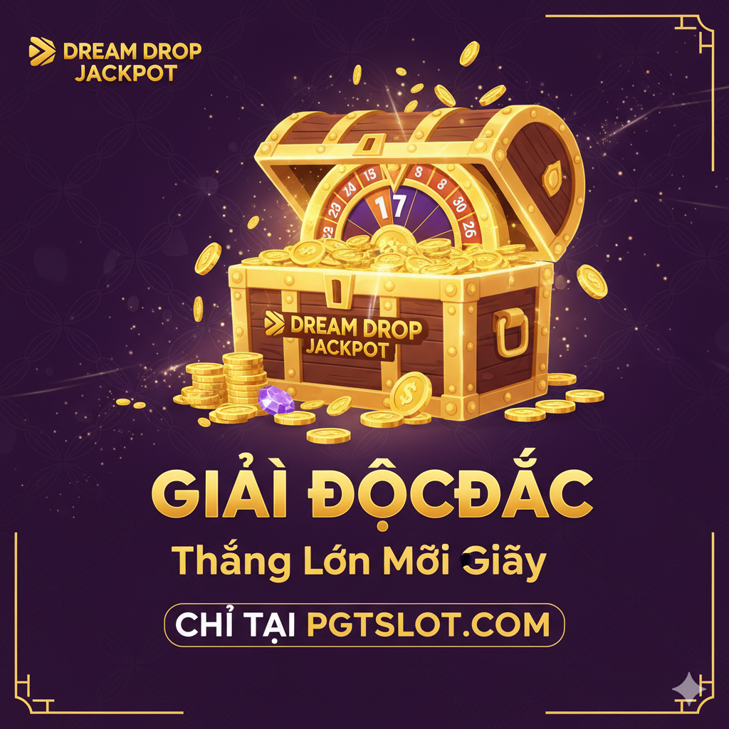 A luxurious and exciting image focused on the 'Dream Drop Jackpot' advantage available at pgtslot.com. The focal point is a large, glowing treasure chest or a golden jackpot wheel associated with the Dream Drop feature. Coins and gems are overflowing, with the text 'Dream Drop' clearly visible in a premium, metallic font. The background features a subtle pattern of the pgtslot.com logo or color scheme (purples and golds) to reinforce branding. The image conveys high volatility and massive winning potential, using sparkling particle effects to create a sense of wealth and excitement.